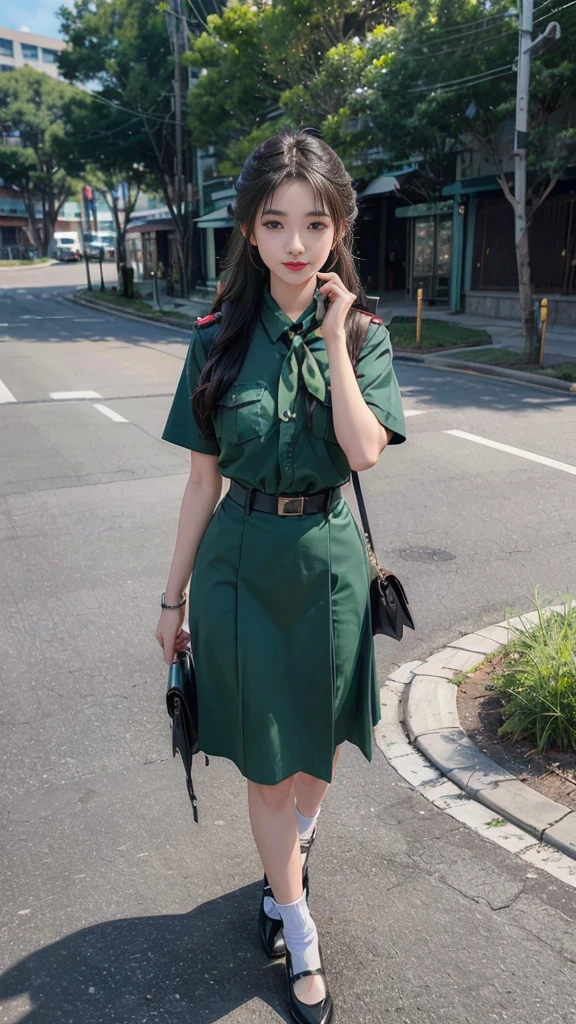 beautiful girlลูกครึ่ง, highest resolution, 8k, high definition, beautiful girl, cute, Height 173 centimeters, Thai girl scout uniform:1.37, scoutหญิง:1.0, (scoutหญิง, scoutหญิง, เlongชนกาชาด), (stand, walk, Dynamic posts, Incredible view), (Beautiful face, แต่งBeautiful face, Double eyelids, red lips, smile at the corner of the mouth, beautiful eyes, beautiful woman, The skin is realistic..), (ผมlongสองเมตร, ความงามที่มาจากผมlong, ผมlongที่ดูโดดเด่น, ผมlongมาก, ปล่อยผมlong, ผมของเธอlongมาก, ผมตรงlong, black hair), (dark green shirt, thin, Short sleeve shirt., collar shirt), (กระโปรงอัดพลีทขนาดbigสีเขียวเข้ม., long, Close your legs completely....), (The scarf is rolled into a beautiful trunk..., crimson cravat), (scoutหญิง, scoutหญิง, scout), (กระโปรงสีเขียวเข้มพร้อมbeltผู้หญิง), dark green shirt dark green skirt, (ไม้ง่ามlong, ไม้พลองscout), ((หน้าอกbig, breast augmentation, เต้าbig , big breasts, big , หน้าอกbigโต, Overflowing breasts)), ((Symmetrical shape, sexy figure)), ((thin, small waist)), ((black court shoes, white socks, Put on a watch, belt)), (((full body, Look at every part of the body....))), background, building, building, lawn, outdoor sports field, buildingเรียน