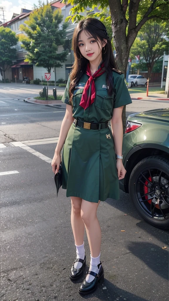 beautiful girlลูกครึ่ง, highest resolution, 8k, high definition, beautiful girl, cute, Height 173 centimeters, Thai girl scout uniform:1.37, scoutหญิง:1.0, (scoutหญิง, scoutหญิง, เlongชนกาชาด), (stand, walk, Dynamic posts, Incredible view), (Beautiful face, แต่งBeautiful face, Double eyelids, red lips, smile at the corner of the mouth, beautiful eyes, beautiful woman, The skin is realistic..), (ผมlongสองเมตร, ความงามที่มาจากผมlong, ผมlongที่ดูโดดเด่น, ผมlongมาก, ปล่อยผมlong, ผมของเธอlongมาก, ผมตรงlong, black hair), (dark green shirt, thin, Short sleeve shirt., collar shirt), (กระโปรงอัดพลีทขนาดbigสีเขียวเข้ม., long, Close your legs completely....), (The scarf is rolled into a beautiful trunk..., crimson cravat), (scoutหญิง, scoutหญิง, scout), (กระโปรงสีเขียวเข้มพร้อมbeltผู้หญิง), dark green shirt dark green skirt, (ไม้ง่ามlong, ไม้พลองscout), ((หน้าอกbig, breast augmentation, เต้าbig , big breasts, big , หน้าอกbigโต, Overflowing breasts)), ((Symmetrical shape, sexy figure)), ((thin, small waist)), ((black court shoes, white socks, Put on a watch, belt)), (((full body, Look at every part of the body....))), background, building, building, lawn, outdoor sports field, buildingเรียน