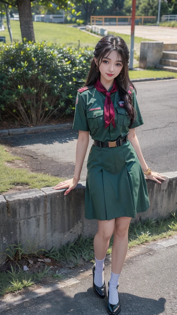 beautiful girlลูกครึ่ง, highest resolution, 8k, high definition, beautiful girl, cute, Height 173 centimeters, Thai girl scout uniform:1.37, scoutหญิง:1.0, (scoutหญิง, scoutหญิง, เlongชนกาชาด), (stand, walk, Dynamic posts, Incredible view), (Beautiful face, แต่งBeautiful face, Double eyelids, red lips, smile at the corner of the mouth, beautiful eyes, beautiful woman, The skin is realistic..), (ผมlongสองเมตร, ความงามที่มาจากผมlong, ผมlongที่ดูโดดเด่น, ผมlongมาก, ปล่อยผมlong, ผมของเธอlongมาก, ผมตรงlong, black hair), (dark green shirt, thin, Short sleeve shirt., collar shirt), (กระโปรงอัดพลีทขนาดbigสีเขียวเข้ม., long, Close your legs completely....), (The scarf is rolled into a beautiful trunk..., crimson cravat), (scoutหญิง, scoutหญิง, scout), (กระโปรงสีเขียวเข้มพร้อมbeltผู้หญิง), dark green shirt dark green skirt, (ไม้ง่ามlong, ไม้พลองscout), ((หน้าอกbig, breast augmentation, เต้าbig , big breasts, big , หน้าอกbigโต, Overflowing breasts)), ((Symmetrical shape, sexy figure)), ((thin, small waist)), ((black court shoes, white socks, Put on a watch, belt)), (((full body, Look at every part of the body....))), background, building, building, lawn, outdoor sports field, buildingเรียน