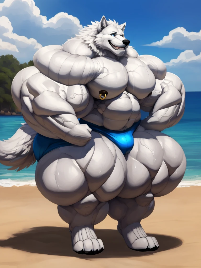 4k, high resolution, best quality, perfect lightning, perfect, solo, anthro, young, boy,white wolf:2.0, furry body, (fluffy mane:1.2), fluffy tail, male, adult, (bulky2:0, thick muscles2:0, huge muscles:2.0, hyper muscles:2.0), (thick biceps, veiny biceps, big broad veiny pecs:2.0, broad shoulders:2.0), (thick legs, thick calves:1.1), (digitigrade legs, 4 toes:1.2), perfect colors, (photorealistic fur, detailed fur, epic, masterpiece), (suggestive posing:1.2), (seductive smile, lustful grin 1.3), detailed beach,detailed wolf eyes:2.0, by k0suna, by darkgem,nipple ring,big pecs:2.0,hyper arms:2.0,veins,white body,white fur,hyper butt:2.0,hyper paws:2.0,standing,thick legs,thick butts:2.0,blue briefs,sweat body:2.0,massive butt:2.0,focus on butt:0.3