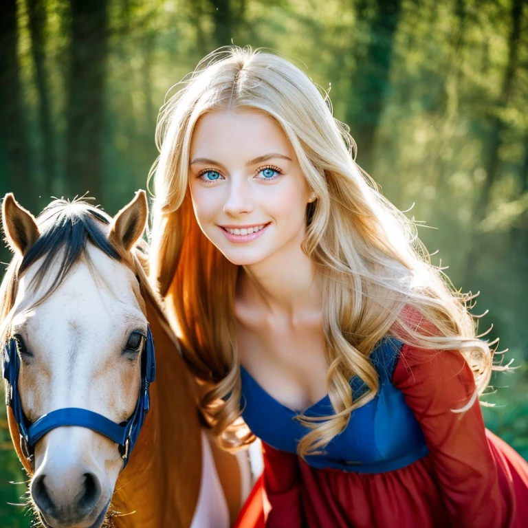 Image of a very beautiful girl with blond hair, blue eyes, delicate facial features with a sweet smile, in a long red dress in the forest next to a horse
