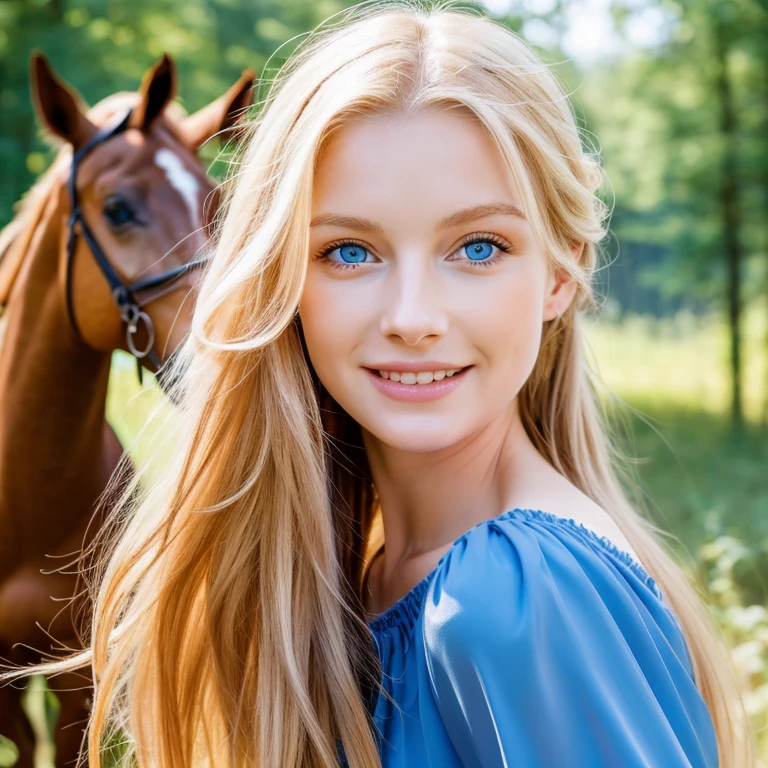 Image of a very beautiful girl with blond hair, blue eyes, delicate facial features with a sweet smile, in a long red dress in the forest next to a horse