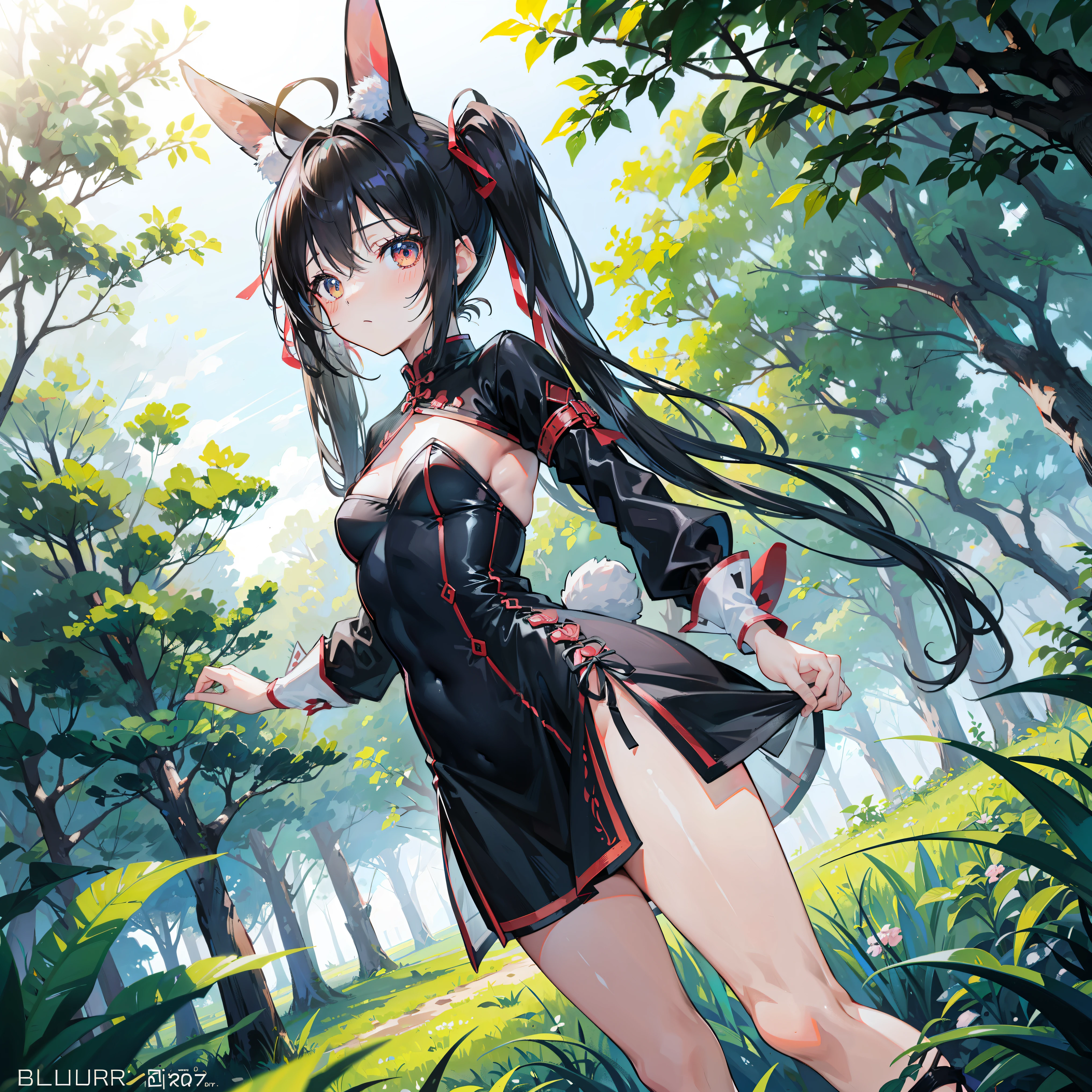 [Bunny Adventurer (o°∇°o) SurvivalQuest:0.00]//masterpiece,(best quality:1.4),(detailed:1.2),//full_body,1girl,solo,//rabbit_ears,bunny_girl,(twintails:1.3),black_hair,ahoge,hair_ribbon,(small_breasts:1.2)//chinese_inspired_outfit,(silk_dress:1.3),long_sleeves,//cute,shy,(blushing:1.2),looking_at_viewer//wilderness,forest,trees,bushes,(survival:1.4),(adventure:1.4)//cinematic_lighting,depth_of_field,dramatic_angles,vibrant_colors