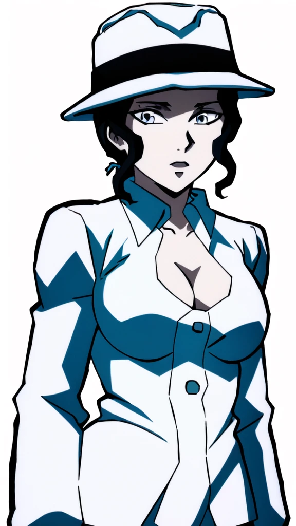 (Illustration, high resolution, best quality: 1.5, masterpiece, minimalist, whitebackground: 2, simplistic detail, anime), solo: 2, fit female, adult female, upper body, half body portrait, fedora hat, white suit, tie, MuzanFemale, large breast, cleavage window,
