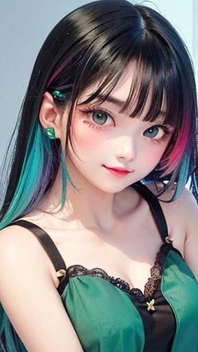 small face、thick thighs、 (alone:1.5,)Super detailed,bright colors, very beautiful detailed anime face and eyes, look straight,  shiny_skin,girl, (((rainbow colored hair, colorful hair, Half red、Half emerald green hair: 1.2))), 、shiny hair, delicate beautiful face, blush、Glasses、(turquoise eyes), , Valletta, earrings,、flower garden、sunset、(（(black color、See-through、sexy、Sailor Leotard、Lace mini skirt,Translucent shirt)))、（twin tails）、smile、happy face、face dyed red、cheerful pose、dynamic、