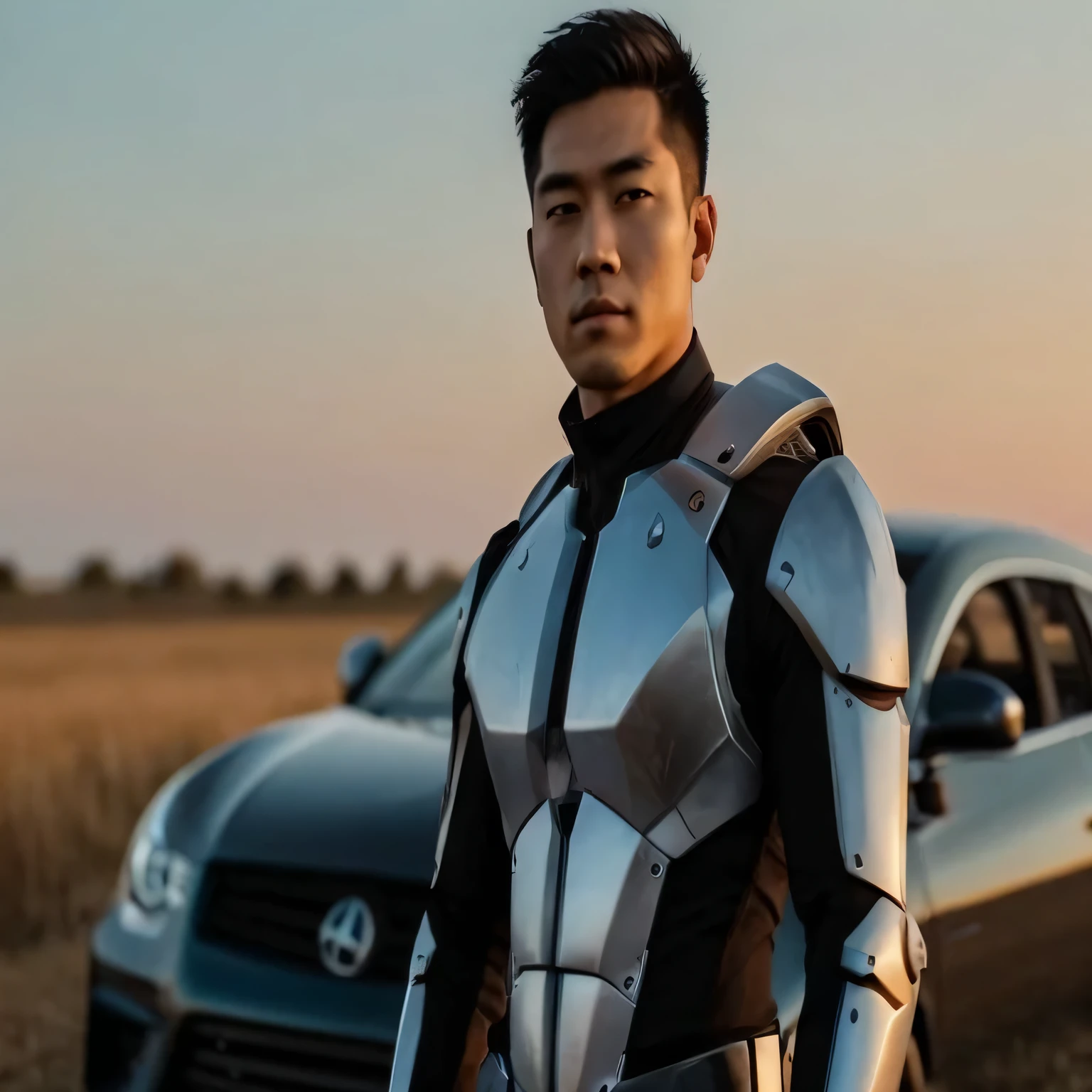 (backshoot photography), (beautiful horizon), (sunset mood), (low sunset), a asian man with neat undercut hair(,) standing next to a car(,) standing at the front of the car(,) in a field at sunset(,) standing in a barren field(,) looking at the camera(,) beautiful horizon(,) handsome pose(,) ultrawide angle camera(,) promotional photo. chest in sci-fi High Tech sliver, light blue and black armour suit with firearms. 