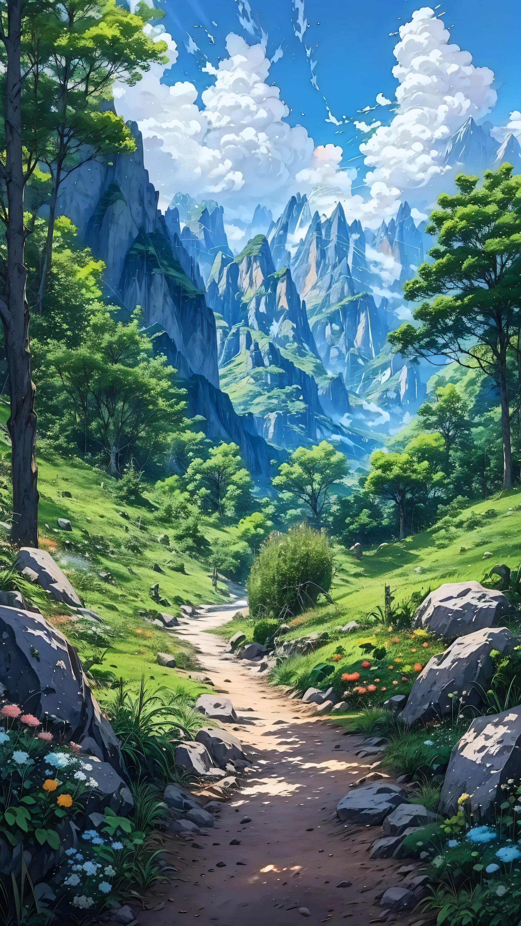 a painting of a path through a lush green forest with mountains in the background, anime nature, anime landscape, beautiful anime scenery, anime scenery, anime nature wallpap, anime countryside landscape, detailed scenery —width 672, anime landscape wallpaper, scenery artwork, anime background art, beautiful anime scene, anime scenery concept art, anime beautiful peace scene, scenery art detailed