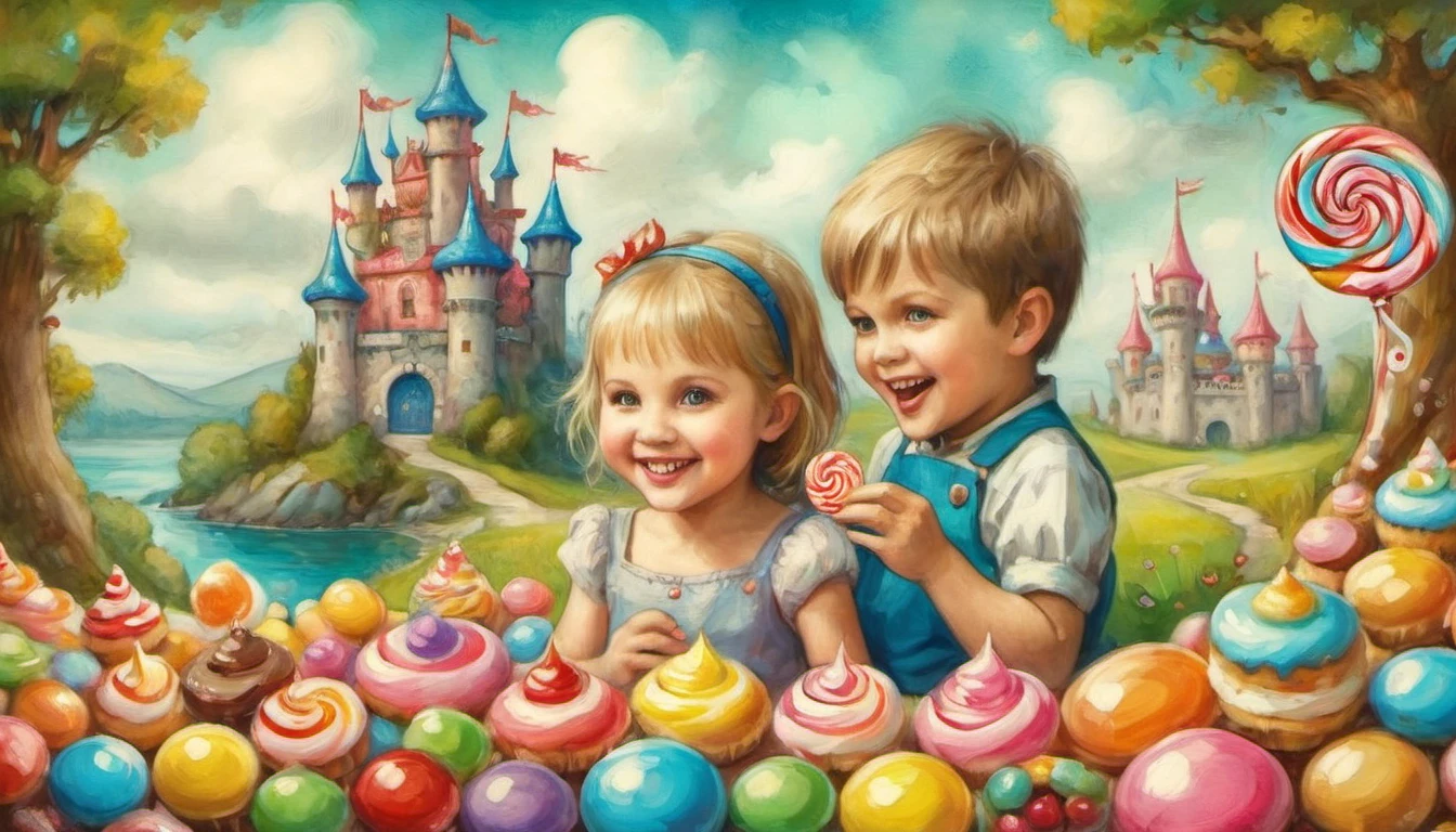 (top air view), (pretty little SMILES girl & BOY, candy eating, around sweets, Candyland), in the background is a castle of sweets, ((Ekaterina Babok + greg-simkins style)), pop surrealism, magic naive art, primitivism, ((watercolor juice colorful)), 
, ((best quality, Masterpiece)), ((Highest detail)), RAW:1,1, 8k
