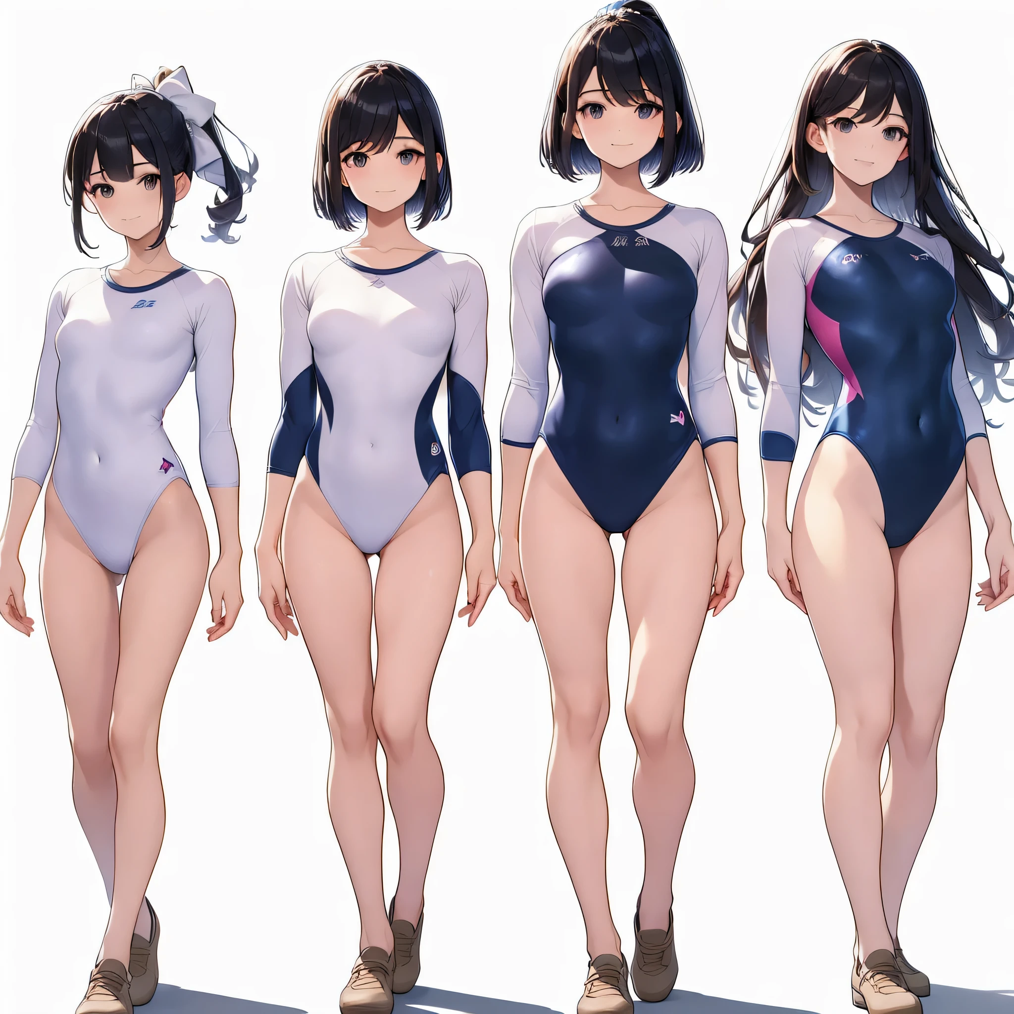 ((full body)),(masterpiece, best quality), (3 girls1.5) ,((Contrapposto:1.5)), looking at viewer, walking,((v_arms:1.2)), （wearing gymnastics_longsleeves_leotard_outfit leotard:1.3),(blue leotard) ,(galaxy print ), BREAK masterpiece black hair, ((long hair:1.2)), ((parted bangs:1.3)), black eyes, good hand, ((small breasts)), (over 20 years old, under 25 years old:1.2), , spotlight, happy, smile, BREAK in the class room