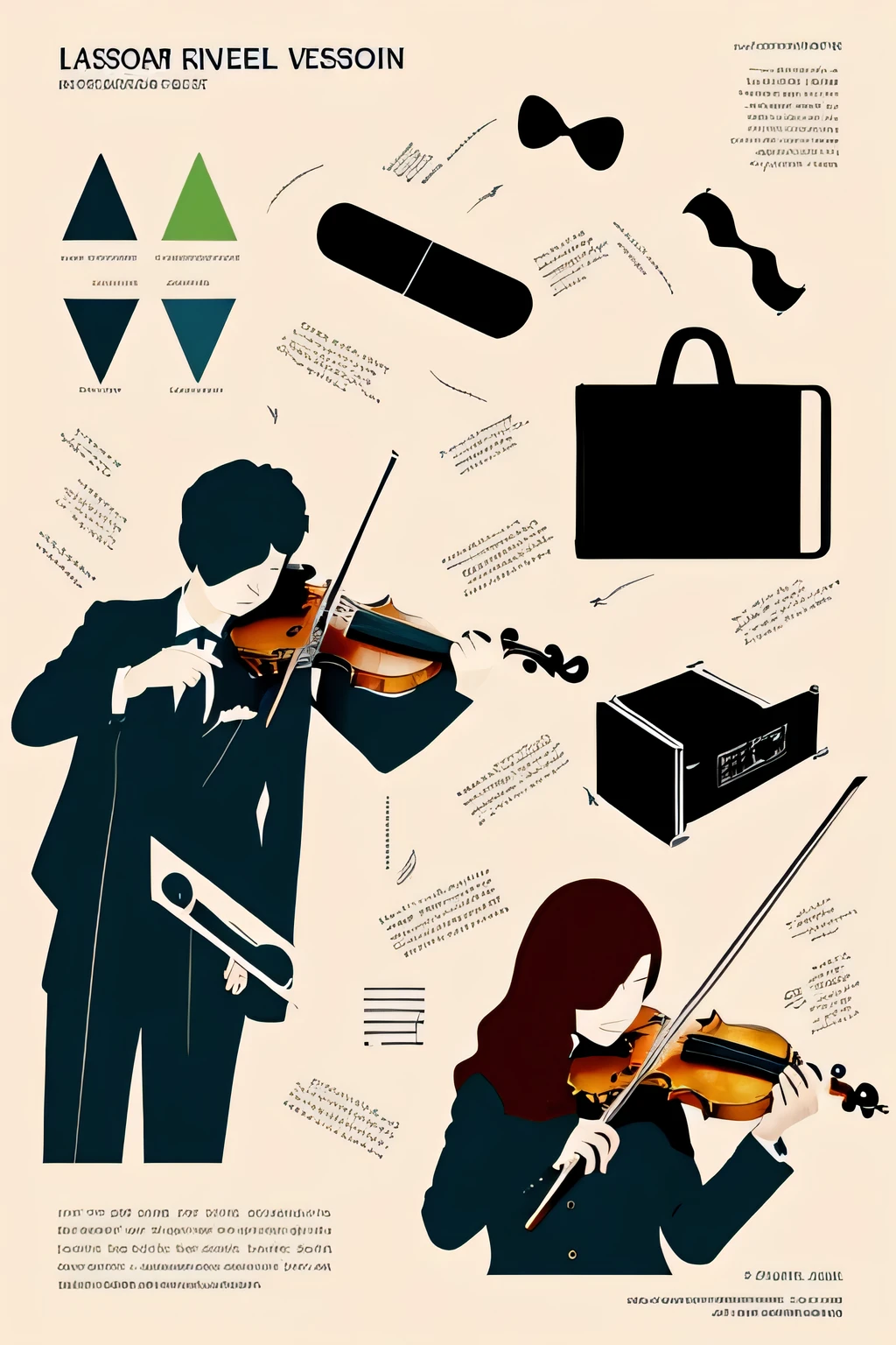 Use a refined and elegant color palette, avoiding overly bright or vibrant colors. The overall aesthetic should feel whimsical yet refined, targeted towards elementary school students and younger.
The violin illustration should be the central, eye-catching element of the design. No additional elements such as arms, music notes, or other accessories are necessary.
The goal is to create a visually striking and memorable poster that effectively promotes the violin lessons to the target audience through the simple yet sophisticated violin illustration.