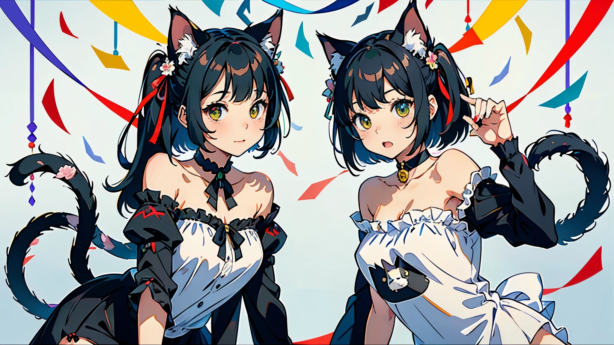 (highest quality, masterpiece, High resolution)、(anime art)、cinematic light、soft light、(two girls)、black hair、Black cat costume、White Cat Costume、Tabby cat costume、Striped cat costume、Persian Cat Costume、3-color cat costume、(loose t-shirt)、loose shirt、off shoulder、sexy mini dress、(Cat ear)、bob cut、semi-long、bun hair、hair ornaments、choker、Cute face details、enchanting smile、small breasts、whole body、(cat pose)、((sexy gesture))、beckoning、playing、dance、Cat jarashi、((confetti、ribbon、petal、candy、is dancing in the air、Crackers popping、))、((white background))、