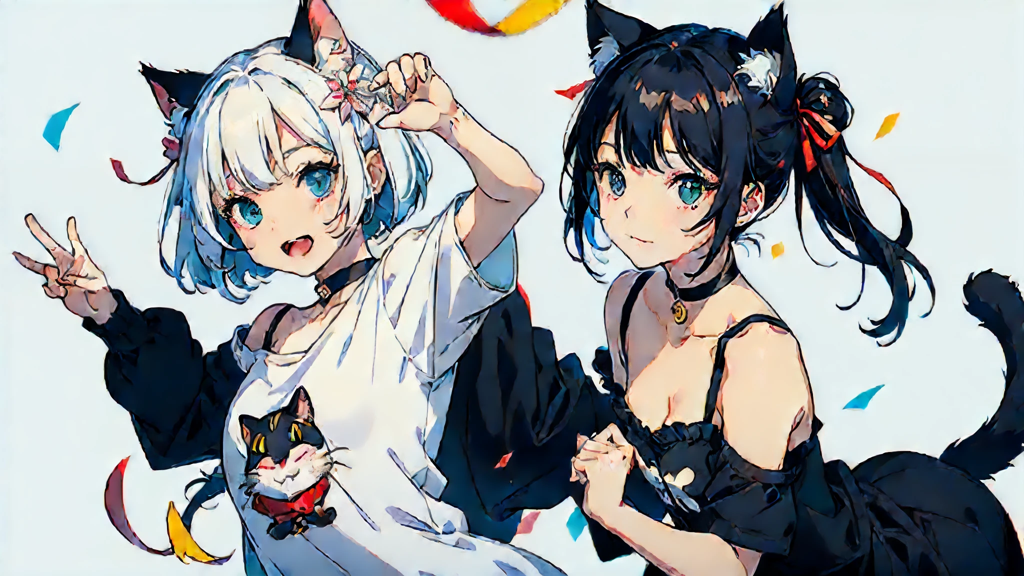 (highest quality, masterpiece, High resolution)、(anime art)、cinematic light、soft light、(two girls)、black hair、Black cat costume、White Cat Costume、Tabby cat costume、Striped cat costume、Persian Cat Costume、3-color cat costume、(loose t-shirt)、loose shirt、off shoulder、sexy mini dress、(Cat ear)、bob cut、semi-long、bun hair、hair ornaments、choker、Cute face details、enchanting smile、small breasts、whole body、(cat pose)、((sexy gesture))、beckoning、playing、dance、Cat jarashi、((confetti、ribbon、petal、candy、is dancing in the air、Crackers popping、))、((white background))、