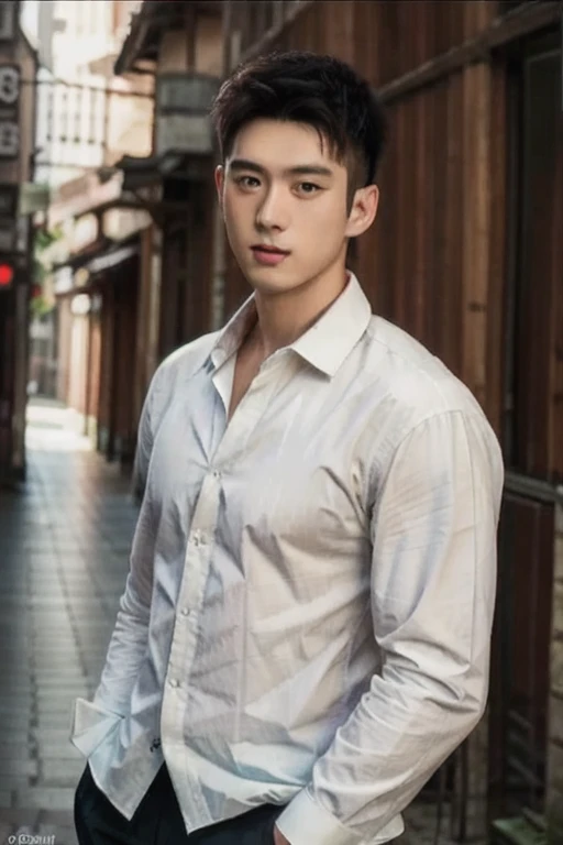 1 person, 25-year-old muscular man, Wear a long-sleeved white shirt and tie, corset, soft light, masterpiece, best quality, 8K Ultra HD, SLR camera, film grain, Fujifilm XT3 Realistic Art by Midjourney and greg rutkowski
