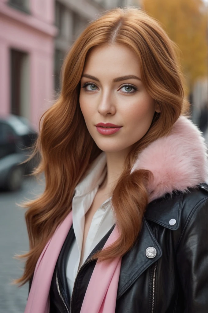 A close-up portrait of a gorgeous, beautiful, stunning russian woman wearing a classy outfit: a black leather jacket with pink fur, a white shirt, and a pastel pink scarf. A redhead woman from Russia, delicate red lips, pastel pink skin tone, soft flawless pale skin, soft make-up, rose lipstick. Classy, elegant, stylish redhead woman, a majestic lady, dream beauty, ethereal beauty, delicate, sensitive, tender, lovely, romantic, kind, so femenine and strong, brave, pushing, spirited, lively, brisk determined woman. Elegant look, flowing and glowing layered wavy ginger hair.She's making a photo book, fall-winter season. smiling at camera, professional photograph, editorial photograph, modeling photograph, portrait photo of a russian model.
