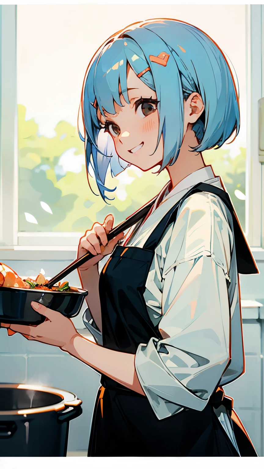 1 girl、anime painting、Cute woman cooking delicious food in the kitchen、shrimp、Light blue hair、Short Bob Hairstyles、Tie your hair up with an orange hair clip、Beautiful brown and black eyes、grin and laugh、From the side、sharp outline、upper body close-up、background bokeh、written boundary depth