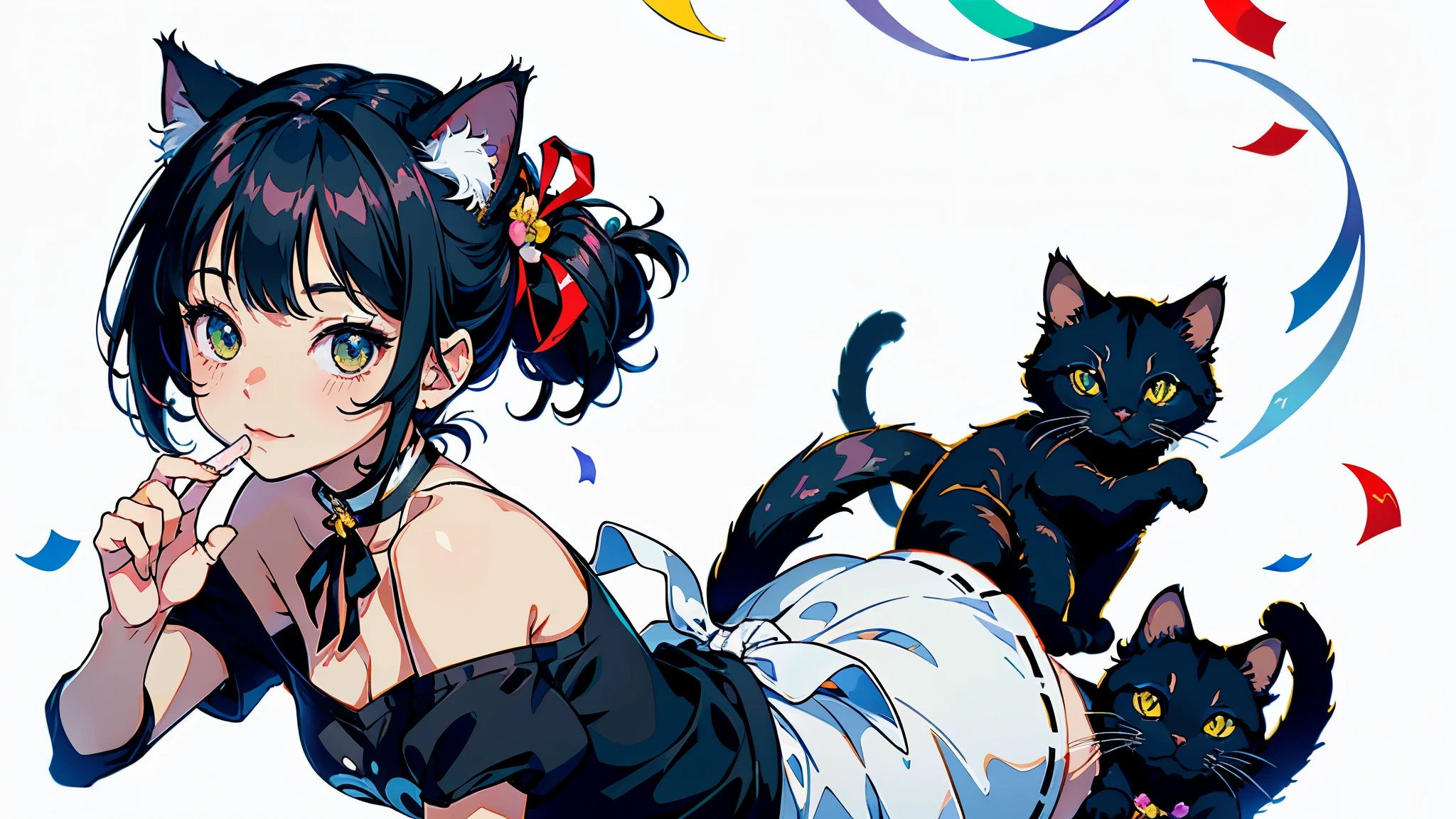 (highest quality, masterpiece, High resolution)、(anime art)、cinematic light、soft light、(1 girl)、black hair、Black cat costume、White Cat Costume、Tabby cat costume、Striped cat costume、Persian Cat Costume、3-color cat costume、(loose t-shirt)、loose shirt、off shoulder、sexy mini dress、(Cat ear)、bob cut、semi-long、bun hair、hair ornaments、choker、Cute face details、enchanting smile、small breasts、whole body、(cat pose)、((sexy gesture))、beckoning、playing、dance、Cat jarashi、((confetti、ribbon、petal、candy、is dancing in the air、Crackers popping、))、((white background))、