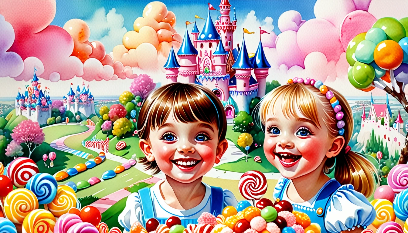 (top air view), (pretty  SMILES girl & BOY, candy eating, around sweets, Candyland), in the background is a castle of sweets, ((Ekaterina Babok + greg-simkins style)), pop surrealism, magic naive art, primitivism, ((watercolor juice colorful)), 
, ((best quality, Masterpiece)), ((Highest detail)), RAW:1,1, 8k