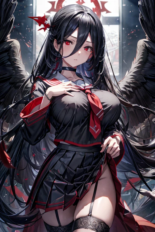 bluearchiveHasumi, Hasumi, black hair, hair between eyes, long hair, mole, mole on breast, mole under eye, (red eyes:1.5), wing, black wing, low wing, feathered wing, (big breasts:1.2),
break black choker, black serafuku, black skirt, black Thighhighs, garter strap, long sleeve, pleated skirt, , serafuku, side slit, skirt, Thighhighs, white collar, wheel sailor color,
break looking at viewer,
break indoors, classroom,
break (masterpiece:1.2), highest quality, High resolution, unity 8k wallpaper, (figure:0.8), (detailed and beautiful eyes:1.6), highly detailed face, perfect lighting, Very detailed CG, (perfect hands, perfect anatomy),