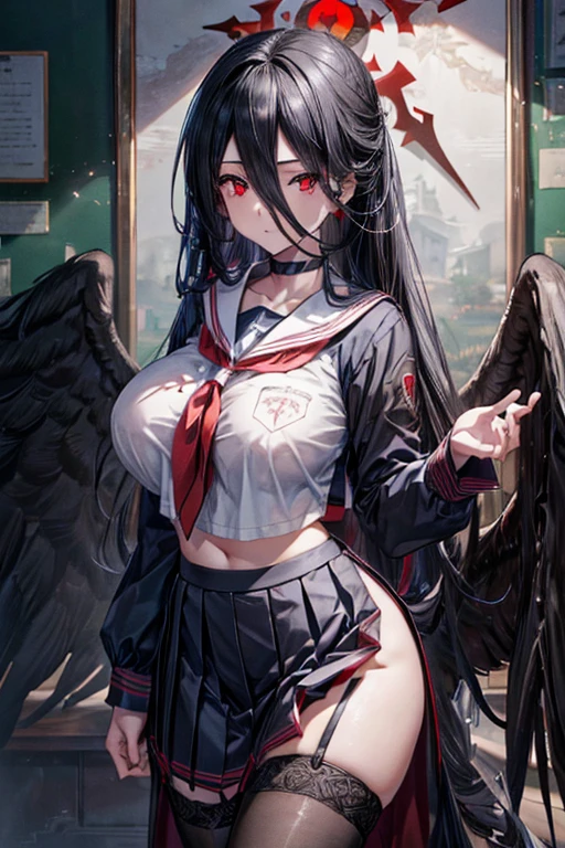 bluearchiveHasumi, Hasumi, black hair, hair between eyes, long hair, mole, mole on breast, mole under eye, (red eyes:1.5), wing, black wing, low wing, feathered wing, (big breasts:1.2),
break black choker, black serafuku, black skirt, black Thighhighs, garter strap, long sleeve, pleated skirt, , serafuku, side slit, skirt, Thighhighs, white collar, wheel sailor color,
break looking at viewer, 
break indoors, classroom,
break (masterpiece:1.2), highest quality, High resolution, unity 8k wallpaper, (figure:0.8), (detailed and beautiful eyes:1.6), highly detailed face, perfect lighting, Very detailed CG, (perfect hands, perfect anatomy),