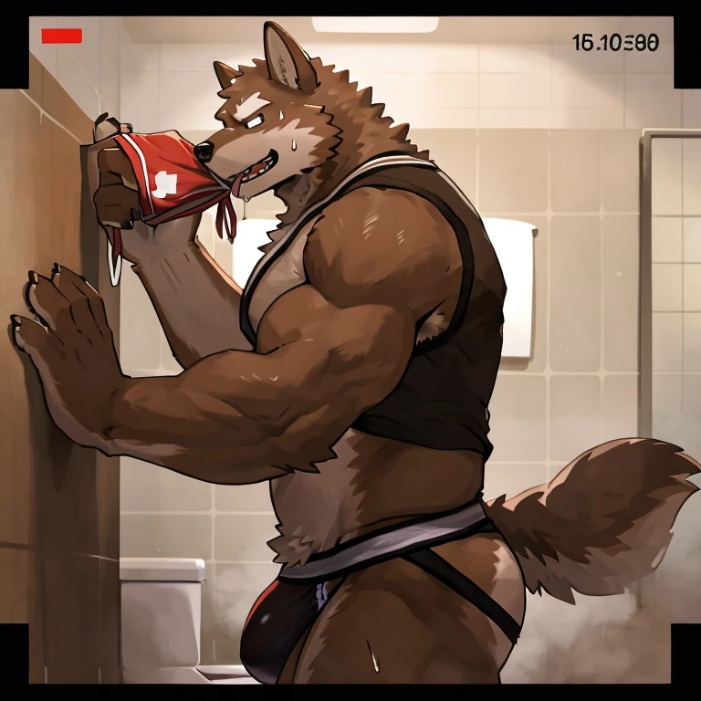 POV,top angle,sleep on stomach,lats,trapezius,butt lift,kemono, anthro (brown dog), male, (brown dog), muscular, back, red body, white belly ,sweat, ((correct )), stand, public toilet, perfect public toilet background, 1 boy, solo, wearing jockstrap, pain expression, canine tooth, hd, dark shadows, wide dynamic range, hdr, low light:1.2, front view, full body, canid, canine, canis, domesticbrown dog mammal, nordic sled brown dog, fullbody, full res, smile, lifeguard, wearing Tank top, ( sniffing) , open mouth,tongue out,drooling, hold big bulge, , perfect , look side view, camera view