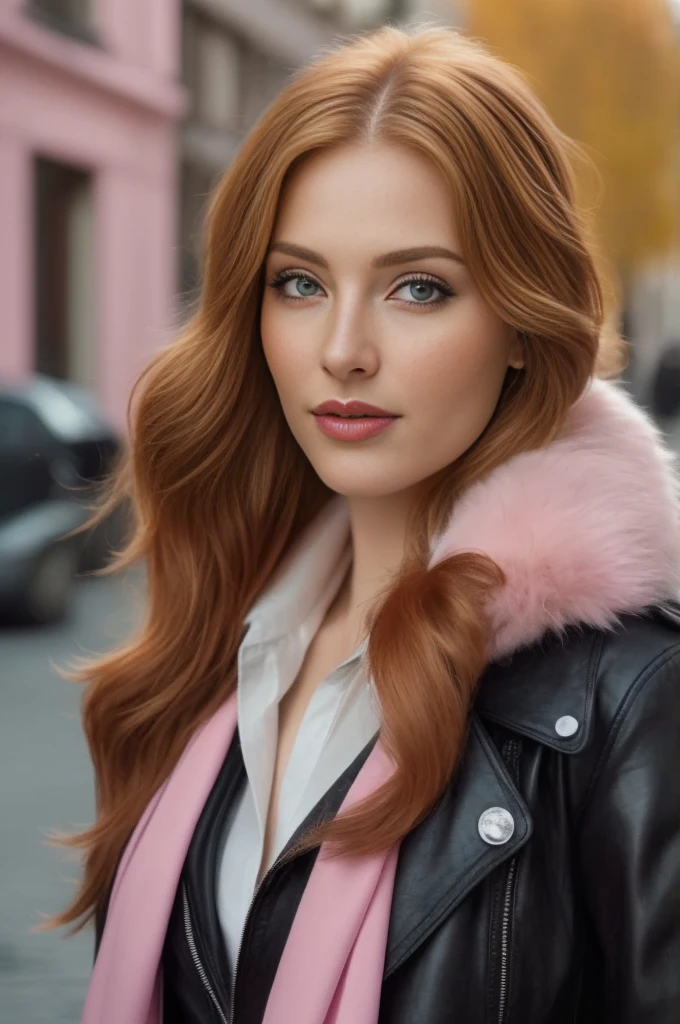 A close-up portrait of a gorgeous, beautiful, stunning russian woman wearing a classy outfit: a black leather jacket with pink fur, a white shirt, and a pastel pink scarf. A redhead woman from Russia, delicate red lips, pastel pink skin tone, soft flawless pale skin, soft make-up, rose lipstick. Classy, elegant, stylish redhead woman, a majestic lady, dream beauty, ethereal beauty, delicate, sensitive, tender, lovely, romantic, kind, so femenine and strong, brave, pushing, spirited, lively, brisk determined woman. Elegant look, flowing and glowing layered wavy ginger hair.She's making a photo book, fall-winter season. smiling at camera, professional photograph, editorial photograph, modeling photograph, portrait photo of a russian model.