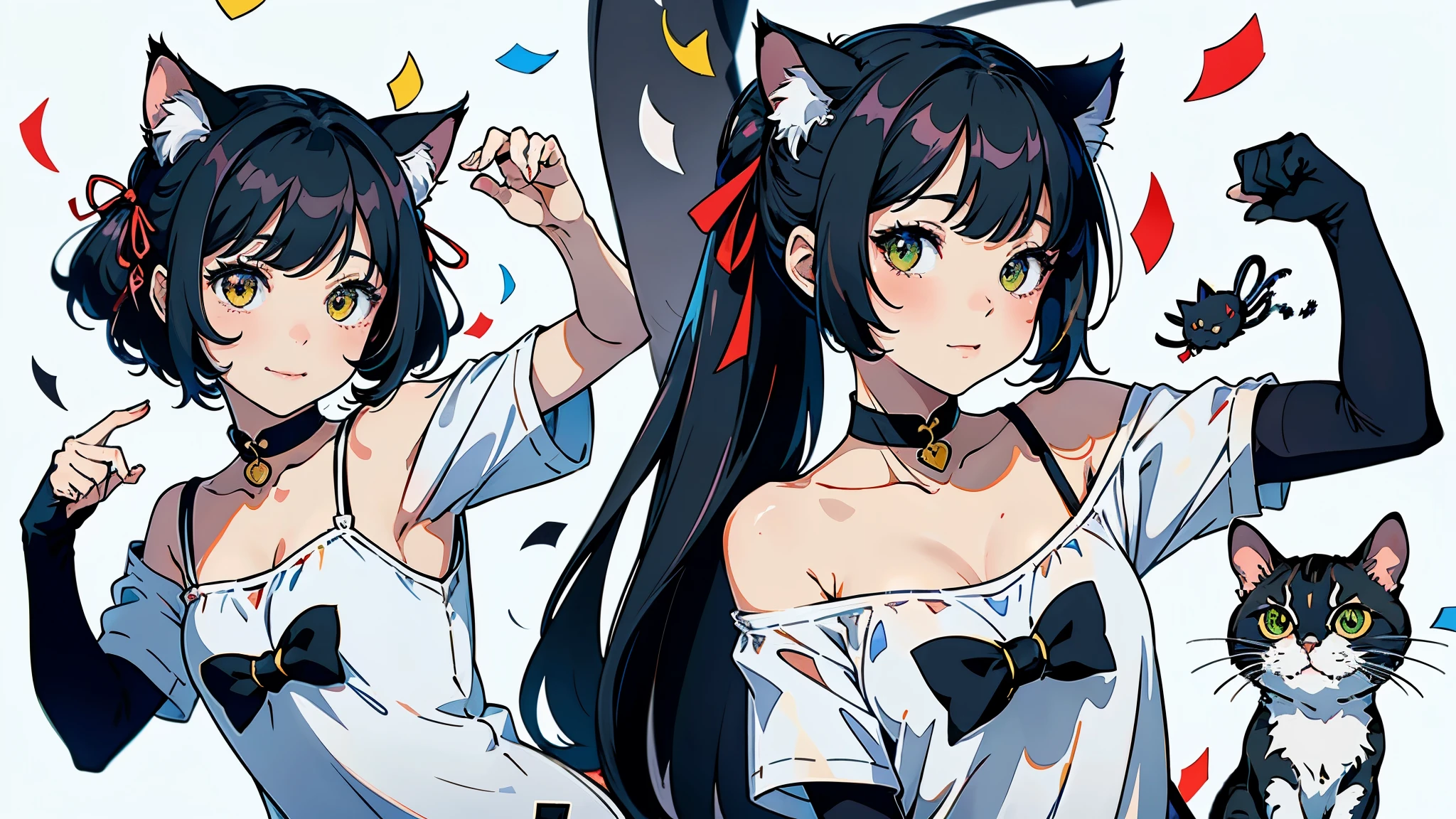 (highest quality, masterpiece, High resolution)、(anime art)、cinematic light、soft light、(1 girl)、black hair、Black cat costume、White Cat Costume、Tabby cat costume、Striped cat costume、Persian Cat Costume、3-color cat costume、(loose t-shirt)、loose shirt、off shoulder、sexy mini dress、(Cat ear)、bob cut、semi-long、bun hair、hair ornaments、choker、Cute face details、enchanting smile、small breasts、whole body、(cat pose)、((sexy gesture))、beckoning、playing、dance、Cat jarashi、((confetti、ribbon、petal、candy、is dancing in the air、Crackers popping、))、((white background))、