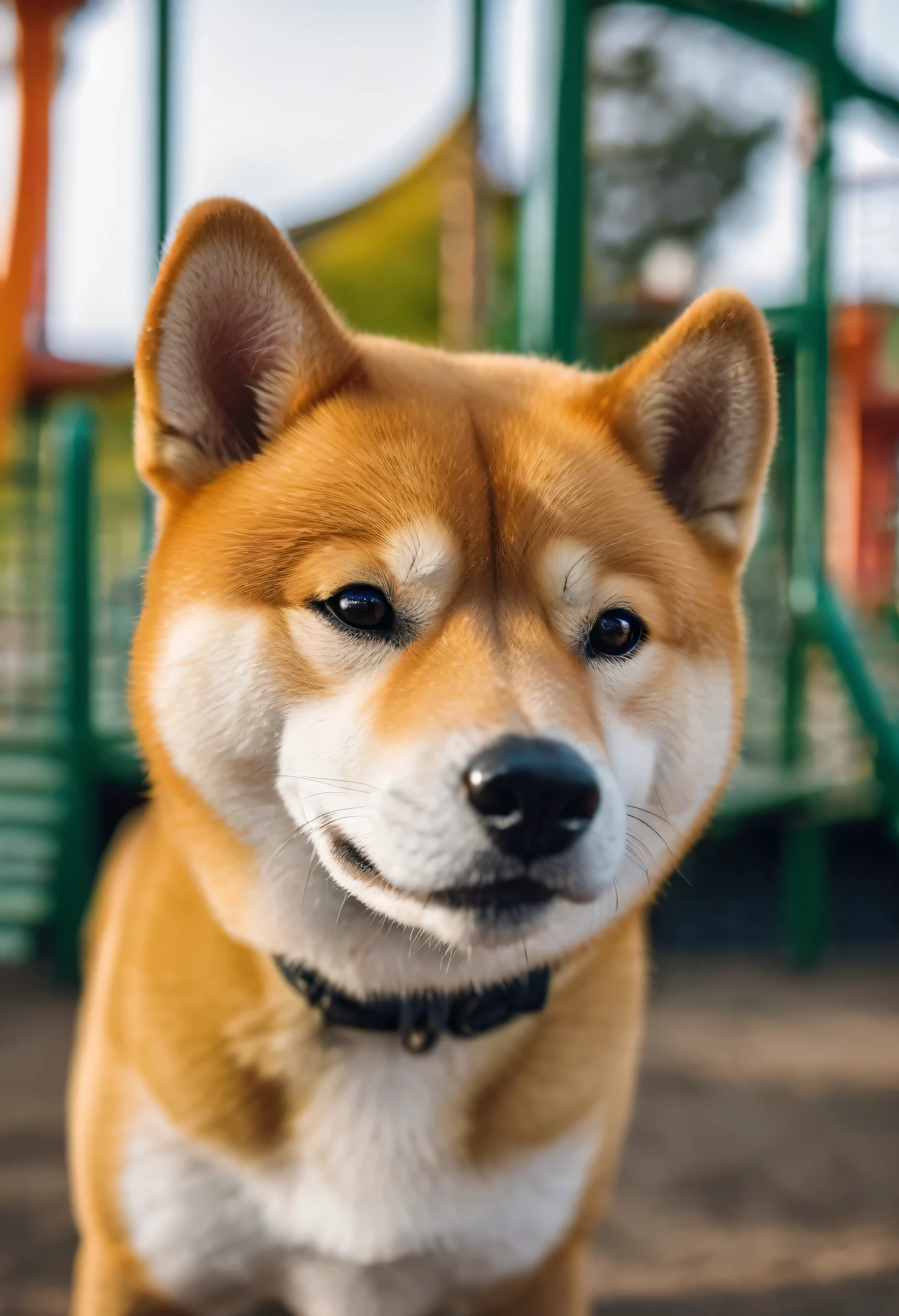 An ultra detailed photo of shiba inu in a playground, ultra sharp focus, award winning photo, perfect contrast, high sharpness, ultra detailed photography