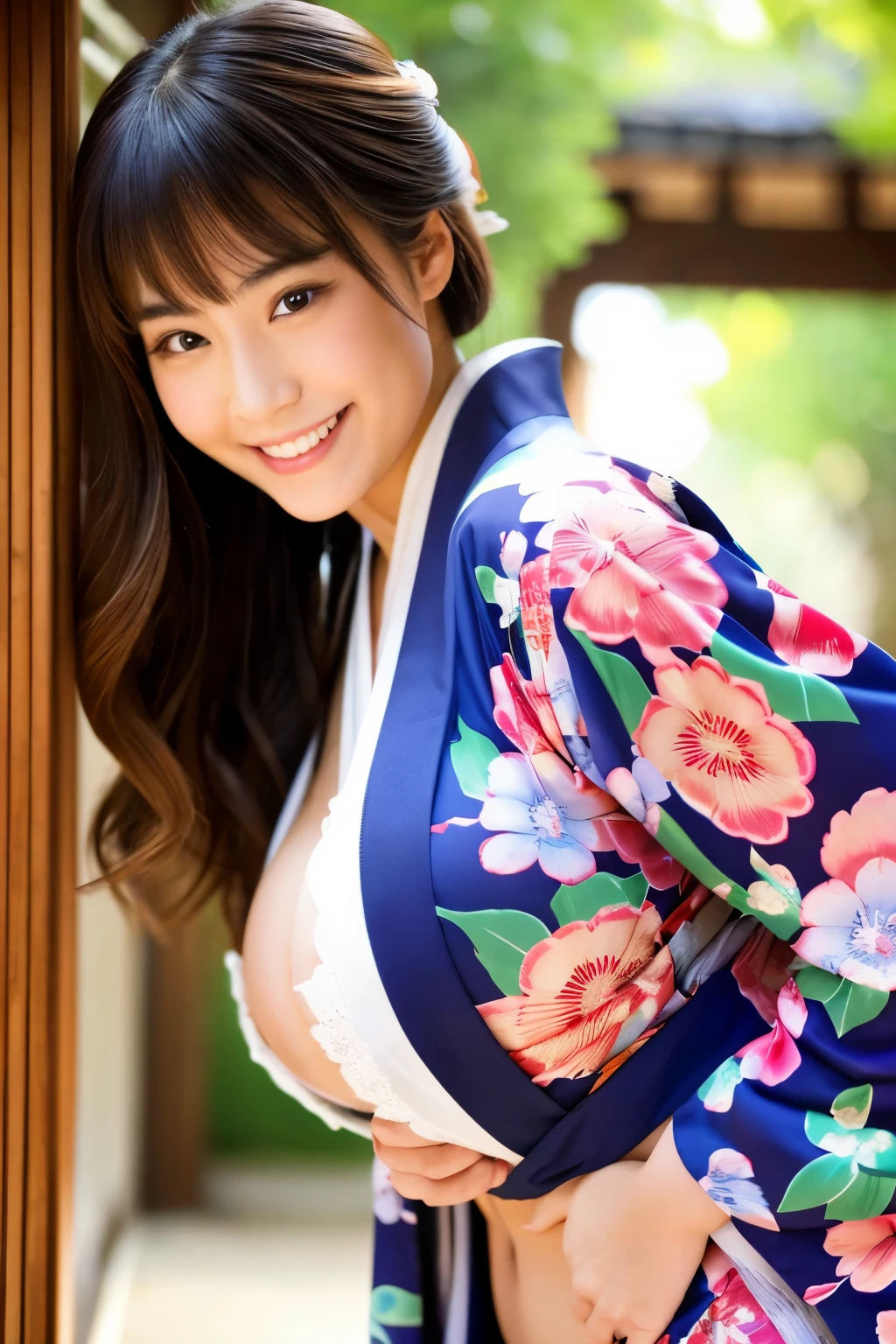 A beautiful Japanese woman with big breasts and buttocks wearing a kimono、Turn your face towards me and smile