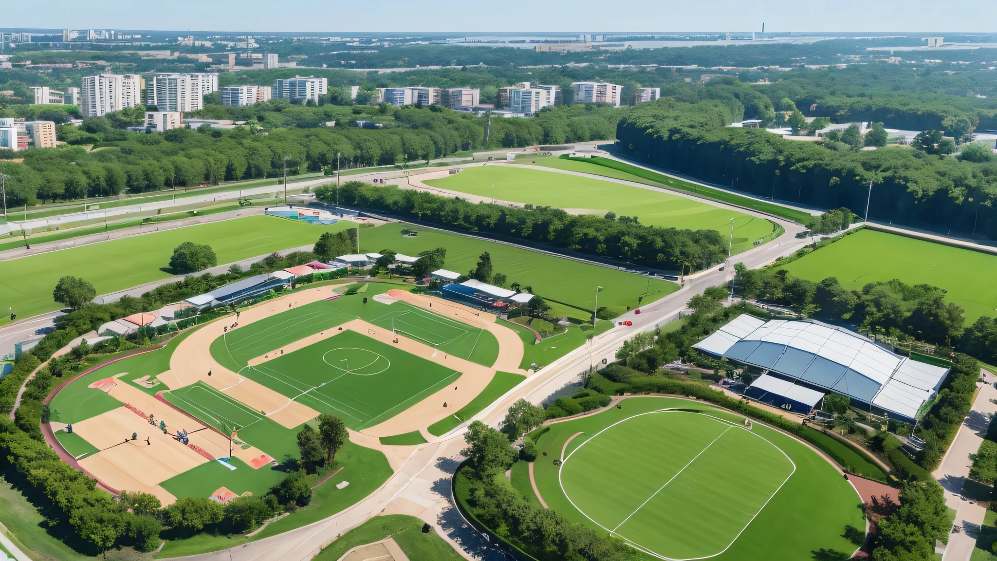 Aerial view of city sports park、Smart runway、Multi-purpose sports field、Ecological green space、Interactive display、Fitness area、Children's play equipment、Community activity center、Festival Plaza、Health Monitoring Station、Eco parking、Recreational trails、Waterscape area