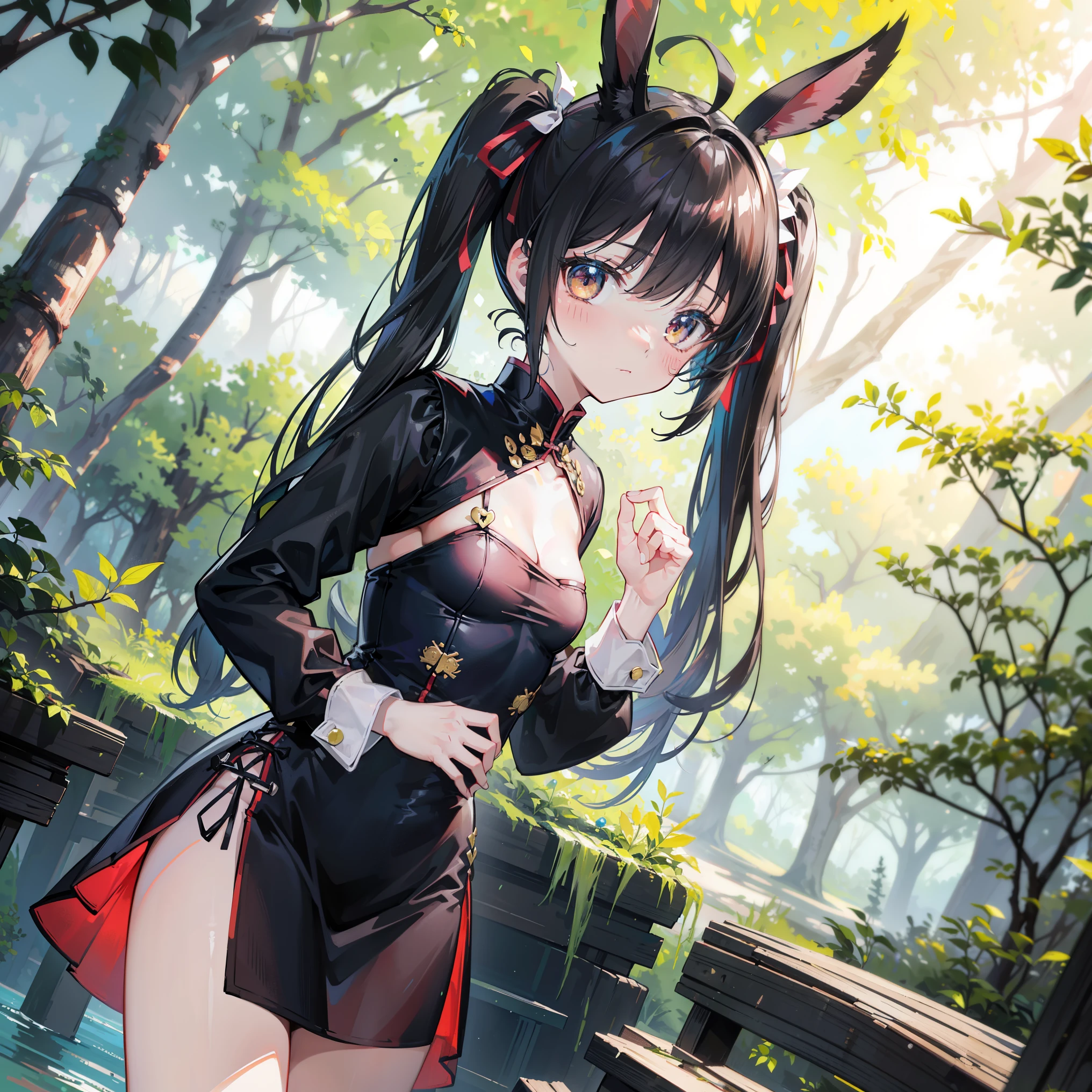 [Bunny Adventurer (o°∇°o) SurvivalQuest:0.00]//masterpiece,(best quality:1.4),(detailed:1.2),//full_body,1girl,solo,//rabbit_ears,bunny_girl,(twintails:1.3),black_hair,ahoge,hair_ribbon,(small_breasts:1.2)//chinese_inspired_outfit,(silk_dress:1.3),long_sleeves,//cute,shy,(blushing:1.2),looking_at_viewer//wilderness,forest,trees,bushes,(survival:1.4),(adventure:1.4)//cinematic_lighting,depth_of_field,dramatic_angles,vibrant_colors