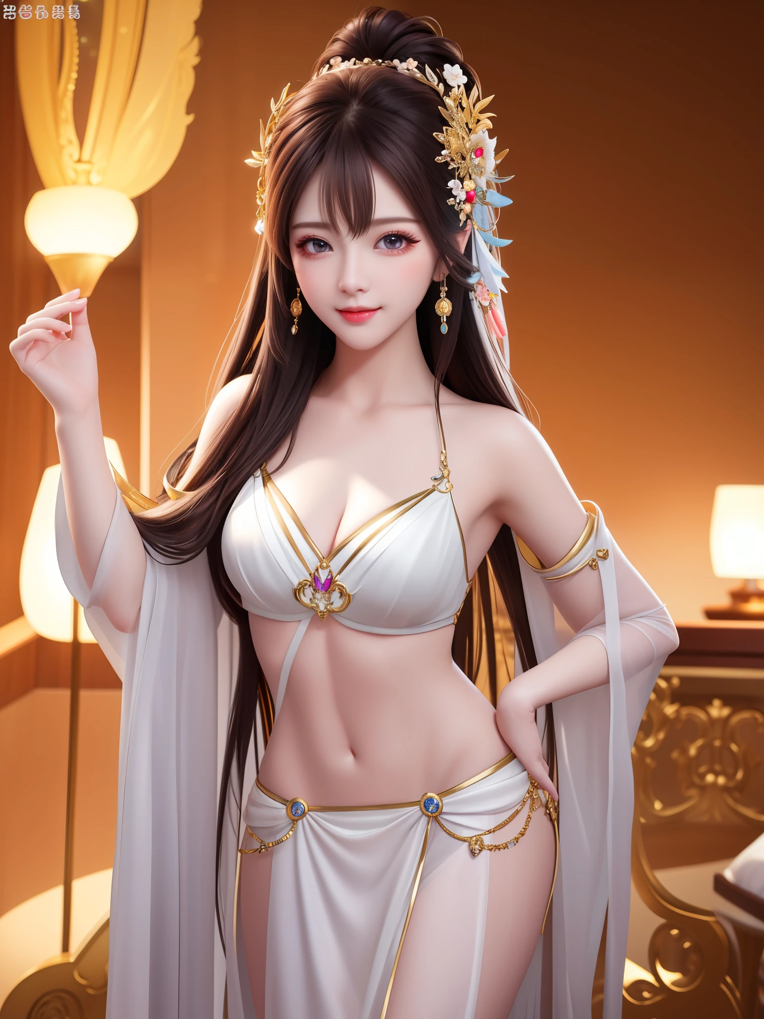 Best quality、a masterpiece、high resolution、1girl、nude, Beautiful face、hair decoration、viewer looking、smile,、Close mouth、Lips、Sexy beautiful legs, hair decoration、long hair、ears、beautiful face、On body、Tindal effect、full body nakedness, realism、Shadow Studio、Edge lighting、Two-color light、(highdetailedskin: 1.2)、8k UHD、DSLR、softlighting、High quality,Volumetric light,photo of,4K high resolution,8k,Background blur
