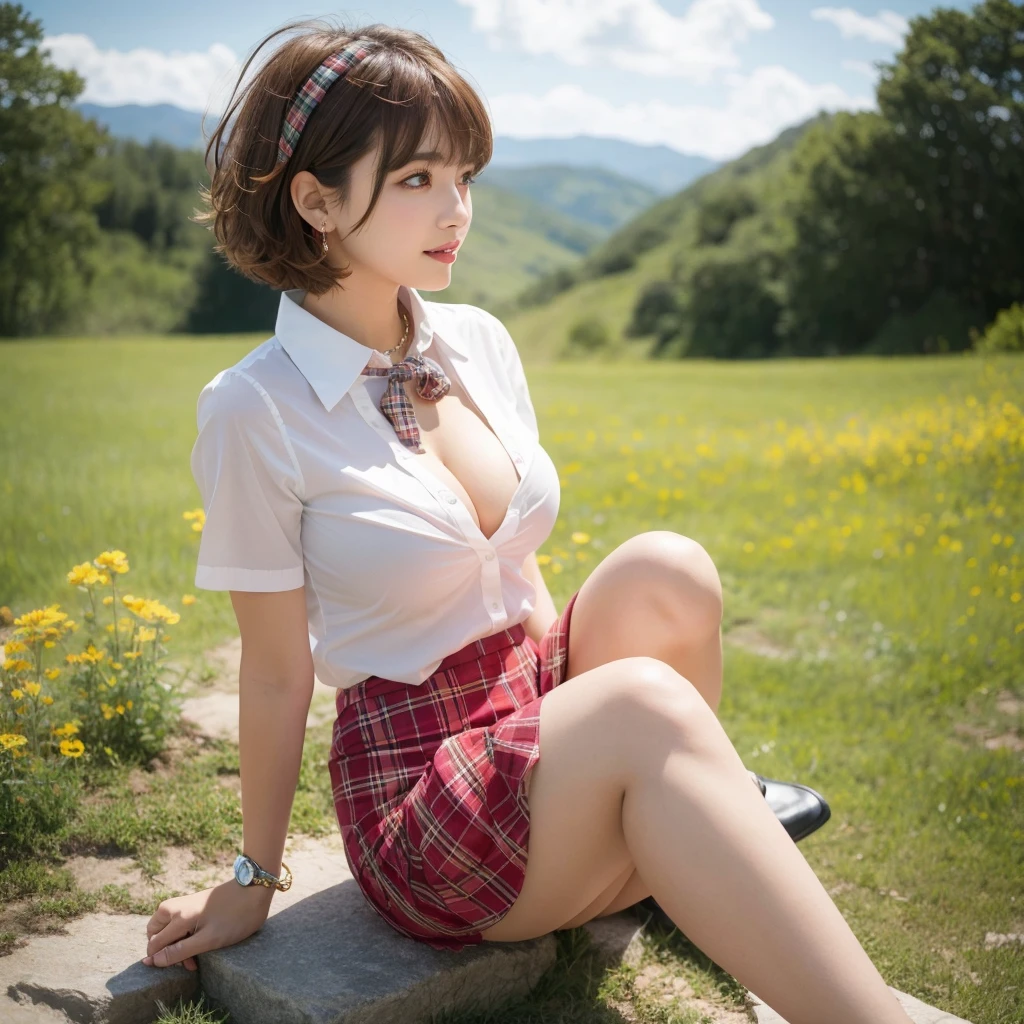 NSFW, 8k RAW photo, highest quality, masterpiece, ultra high resolution, film grain, movie, 1 girl, looking at the viewer, natural skin texture, Realistic eye and face details, full lips, lipstick, (compensate), red eyeshadow, fluffy short hair, messy hair, smile, close your mouth, beautiful foot, tall woman, skinny, slim_foot, alone, huge breasts, cleavage, buttを自分に向けたポーズ, super short skirt, butt, shirt, beautiful natural location, around flowers location, (detailed background), plaid skirt, white shirt, huge breasts, cleavage, Show a little cleavage through the shirt, loafers,background blur、holding, plaid, short sleeve, jk ribbon on the neck, jk ribbon, brown hair, bracelet, water, bangs, , jewelry, parted lips, lips, From the side, pleated skirt, Depth of the bounds written