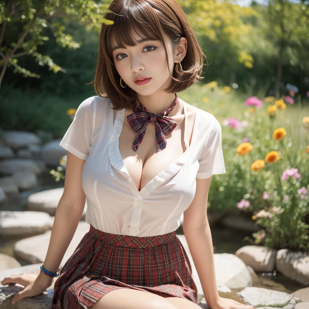 NSFW, 8k RAW photo, highest quality, masterpiece, ultra high resolution, film grain, movie, 1 girl, looking at the viewer, natural skin texture, Realistic eye and face details, full lips, lipstick, (compensate), red eyeshadow, fluffy short hair, messy hair, smile, close your mouth, beautiful foot, tall woman, skinny, slim_foot, alone, huge breasts, cleavage, buttを自分に向けたポーズ, super short skirt, butt, shirt, beautiful natural location, around flowers location, (detailed background), plaid skirt, white shirt, huge breasts, cleavage, Show a little cleavage through the shirt, loafers,background blur、holding, plaid, short sleeve, jk ribbon on the neck, jk ribbon, brown hair, bracelet, water, bangs, , jewelry, parted lips, lips, From the side, pleated skirt, Depth of the bounds written