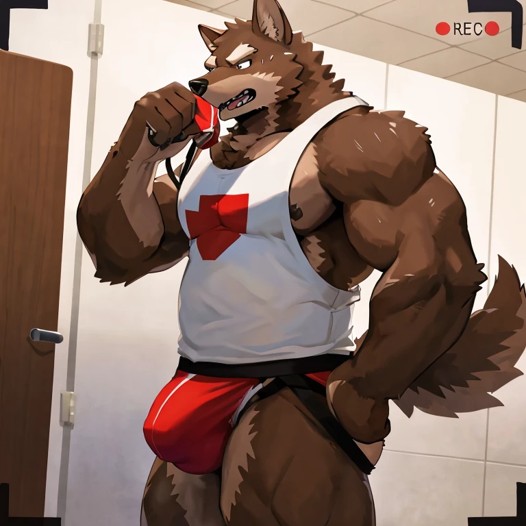 POV,top angle,sleep on stomach,lats,trapezius, lift,kemono, anthro (brown dog), male, (brown dog), muscular, back, red body, white belly ,sweat, ((correct )), stand, public toilet, perfect public toilet background, 1 boy, solo, wearing jockstrap, pain expression, canine tooth, hd, dark shadows, wide dynamic range, hdr, low light:1.2, front view, full body, canid, canine, canis, domesticbrown dog mammal, nordic sled brown dog, fullbody, full res, smile, lifeguard, wearing Tank top, ( sniffing) , open mouth,tongue out,drooling, hold big bulge, , perfect , look side view, camera view
