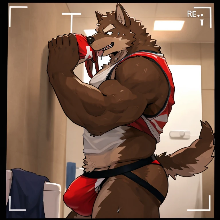 POV,top angle,sleep on stomach,lats,trapezius,butt lift,kemono, anthro (brown dog), male, (brown dog), muscular, back, red body, white belly ,sweat, ((correct anatomy)), stand, public toilet, perfect public toilet background, 1 boy, solo, wearing jockstrap, pain expression, canine tooth, hd, dark shadows, wide dynamic range, hdr, low light:1.2, front view, full body, canid, canine, canis, domesticbrown dog mammal, nordic sled brown dog, fullbody, full res, smile, lifeguard, wearing Tank top, (underwear sniffing) , open mouth,tongue out,drooling, hold big bulge, nsfw, perfect underwear, look side view, camera view