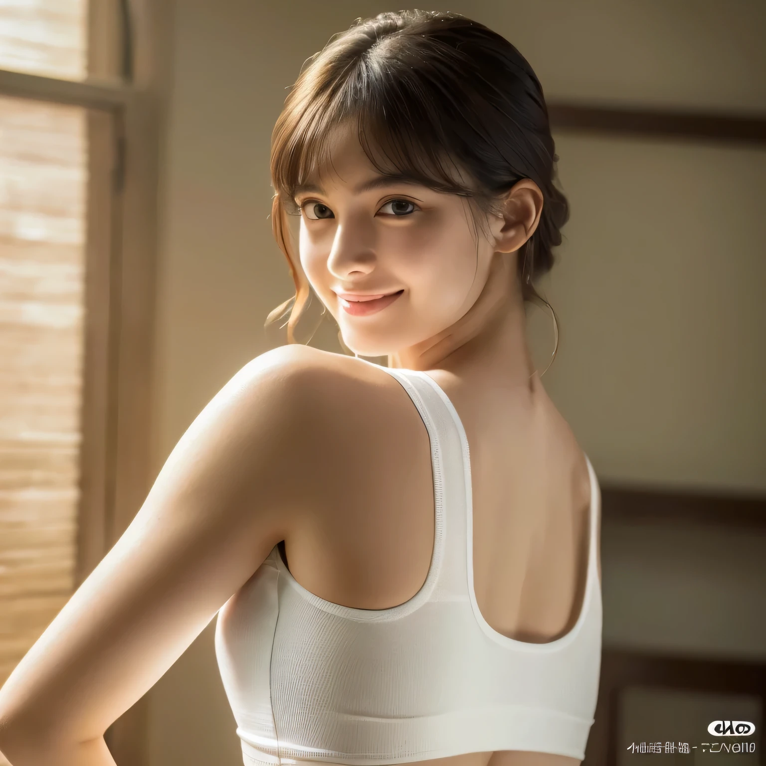 innocent 20 year old girl、((white tank top, dramatic pose)),smile,shortcut,natural Park、Raw photo, (8K、highest quality、masterpiece:1.2)、(intricate details:1.4)、(Photoreal:1.4)、octane rendering、Ultra-detailed complex 3D renderings, soft light in the studio, rim light, vivid details, super detail, realistic skin texture, Surface details, Beautiful eyes in every detail, Highly detailed CG Unity 16k wallpaper, compensate, (detailed background:1.2), shiny skin, full body、cleavage,((standing with hands clasped behind the back、leaning forward、Angle from above))