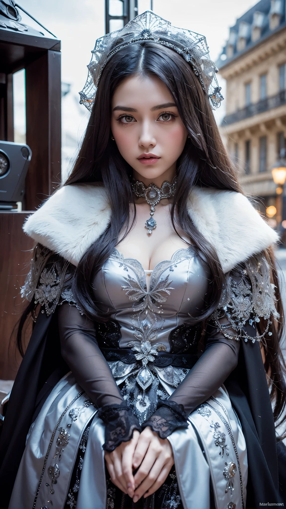 Eleanor Vere Boyle and Andreas Untersberger, Hantu Ulat Sutera adaptive and winter atmosphere, scattered, exquisite details, Paris City, Cloud, 1 girl, (central composition, symmetry: 0.1)
