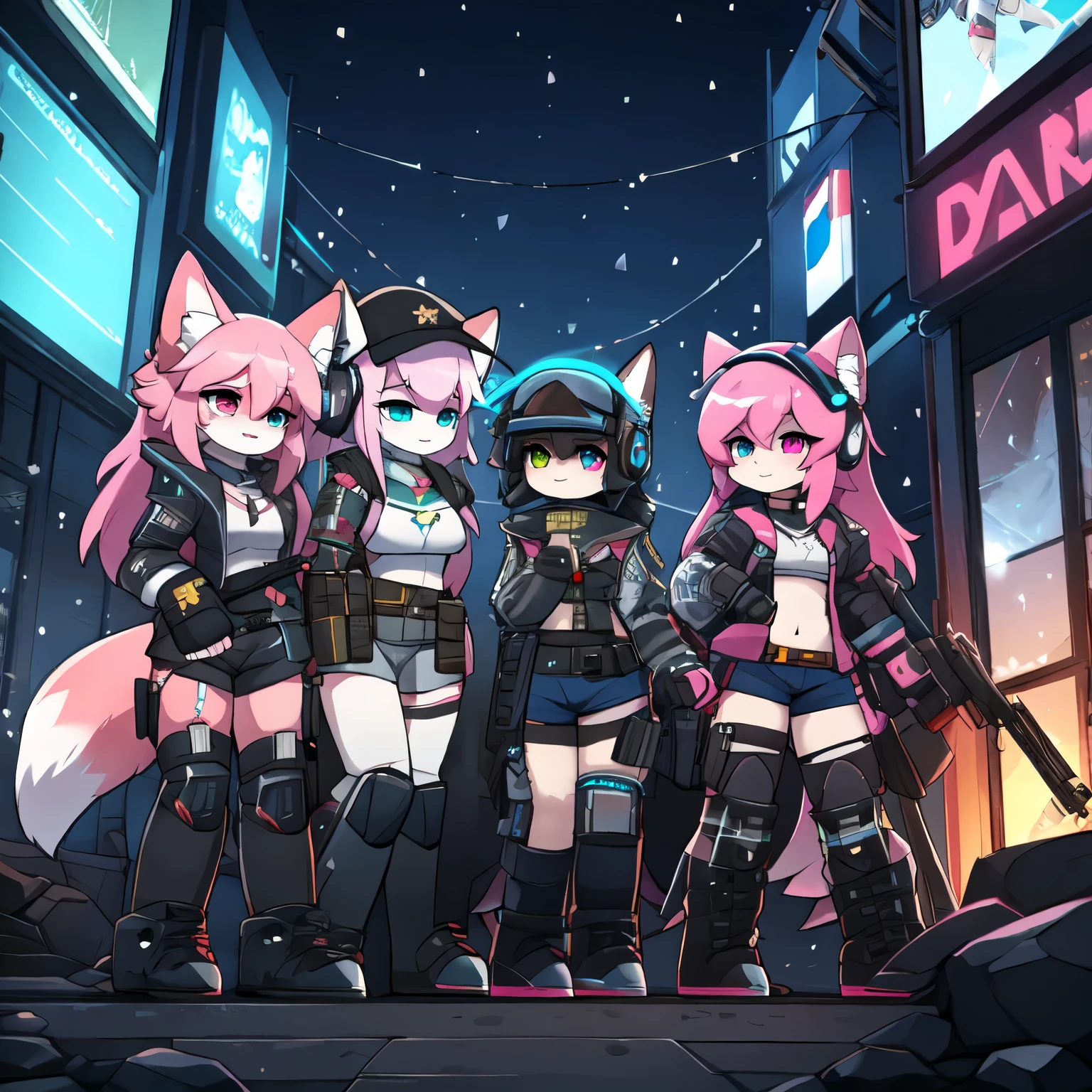 Kawaii, pink striped Fluffy Fox, Pink hair, left eye is red, right eye is blue, heterochromia, 5girls, on the night deserted city with ruins and snowing followed Cold weather, synthetic tissue skin, cybernetic prosthetics, cybernetical servo prosthetic legs, digital headphone with HUD, mech suit, mech body parts, cybernetical prosthetic arms, over-sized long blouse, thigh-high-socks, shorts, Grey long Sleeve loose Military hood jacket, tactical gun holsters in thigh, Mechanical boots, metallic knee pads, tactical belted loose Arm Sleeves, Digital Screened gloves, chest rigs, tactical belts, Blue archive halo, Submachine Gun holded on left hand, bulletproof goggles, baseball hat,