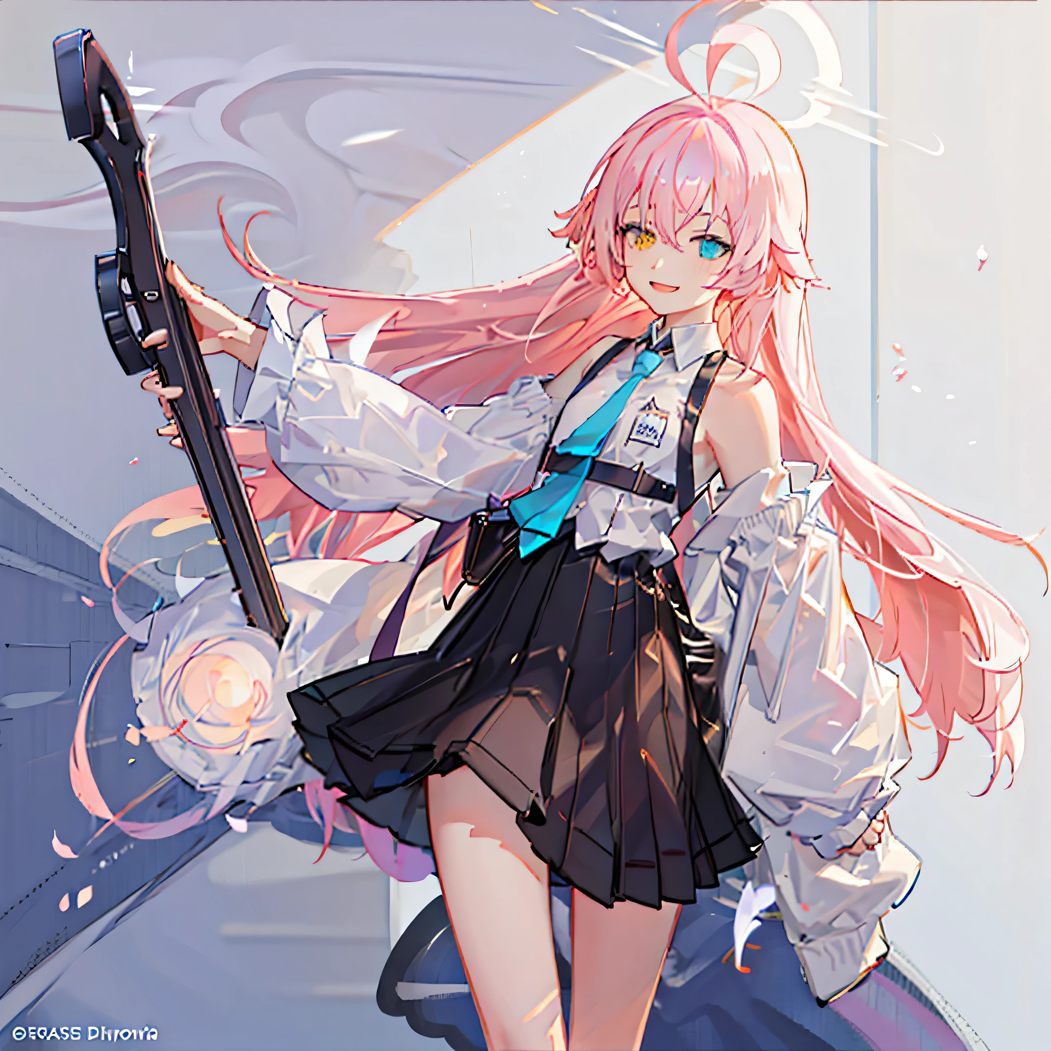 heterochromia、pink hair、Big Ahoge 、(right eye is lemon yellow)、(lfte eye is turquoise blue)、blue tie、{{{have a shotgun}}}、droopy eyes、three pink rings on the head、small girl、Baby girl body shape、super long hair、Curly hair that sticks out to the side of the head、thin waist、hairs between eyes、crossed bangs、Are standing、white、Super small breasts、long kilt skirt、flat chest、human ear、{{sleepy}}、Harness Belt、{{have a super big iron shoulder bag}}、white 、{{{{1 girl}}}}、smile、18 years old、no more than 2 people、{{bride}}