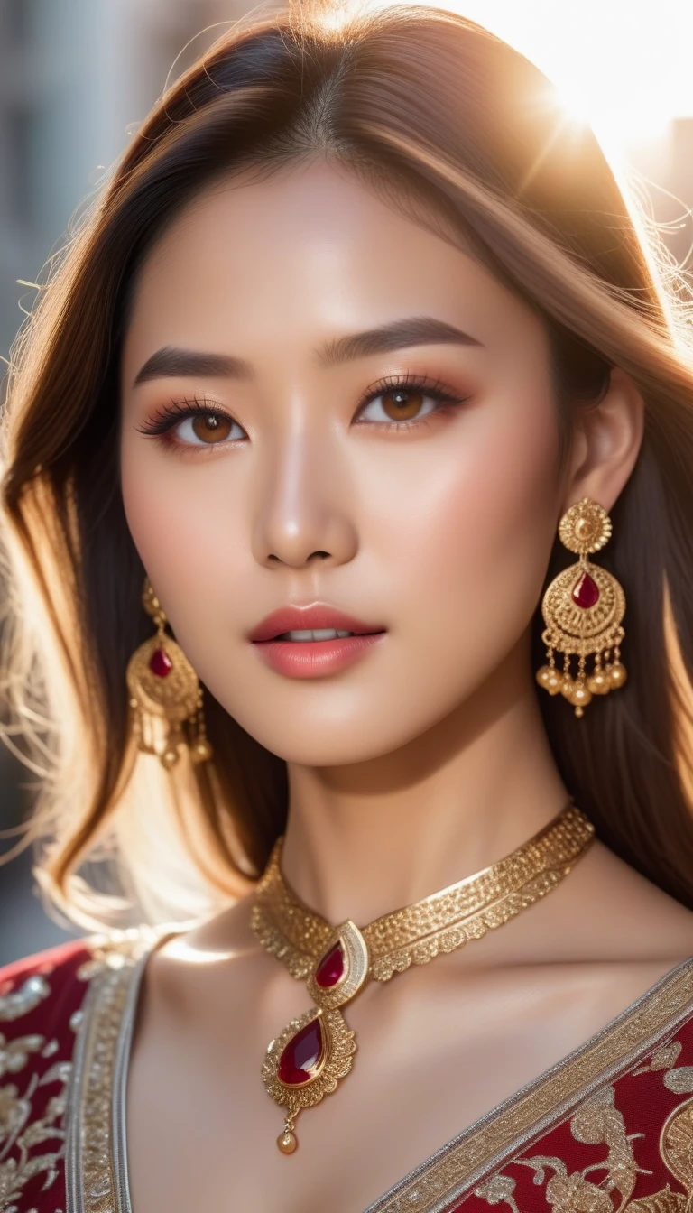 Asian super woman with long brown hair, age 20, possessing stunning beauty with intricate facial details and a flawless body. Adorned with gold earrings and a ruby necklace, she wears a silver dress featuring intricate details. The photo is captured in 8K quality, showcasing luxurious and gorgeous colors under the sunlight on the street. The focus is on her, with a close-up shot highlighting clear angles of her face and eyes, illuminated by the bright sunlight