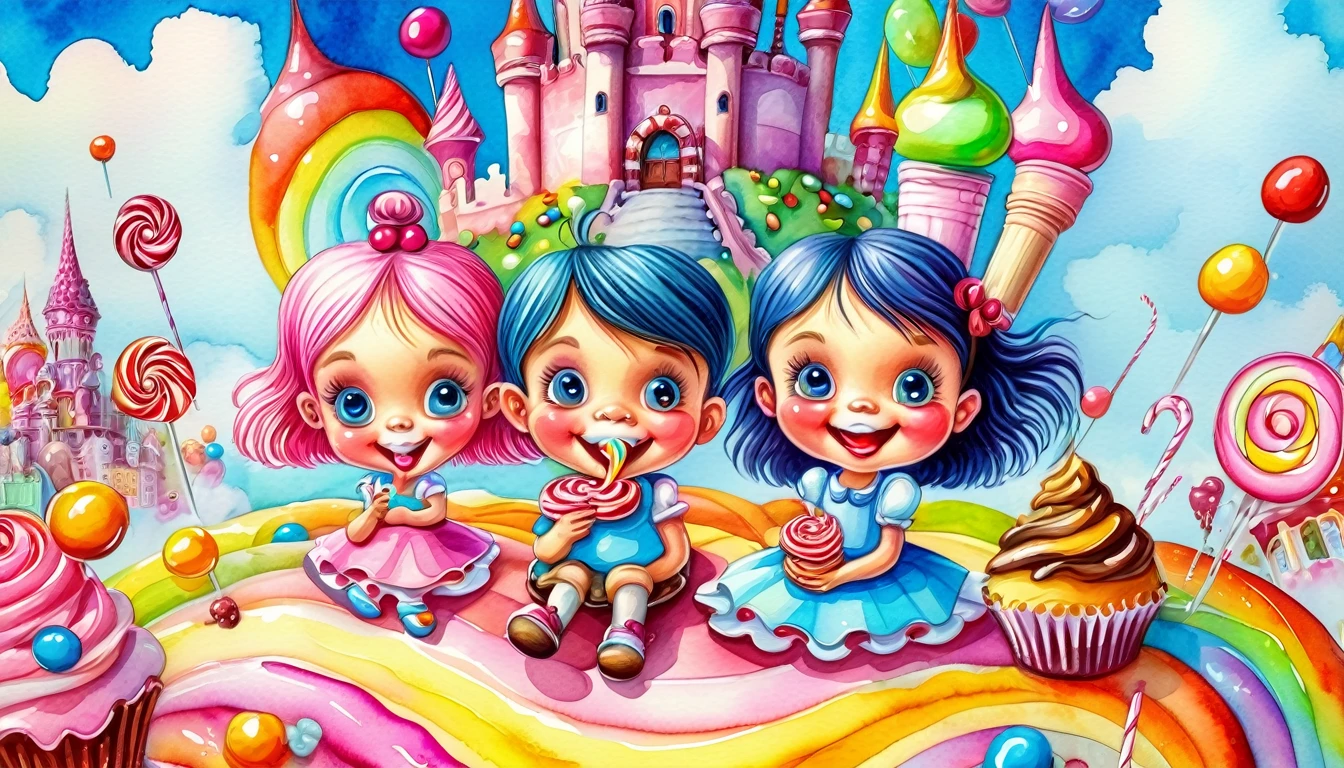 (top air view), (pretty little SMILES girl & BOY, candy eating, around sweets, Candyland), in the background is a castle of sweets, ((Ekaterina Babok + greg-simkins style)), pop surrealism, magic naive art, primitivism, ((watercolor juice colorful)), 
, ((best quality, Masterpiece)), ((Highest detail)), RAW:1,1, 8k