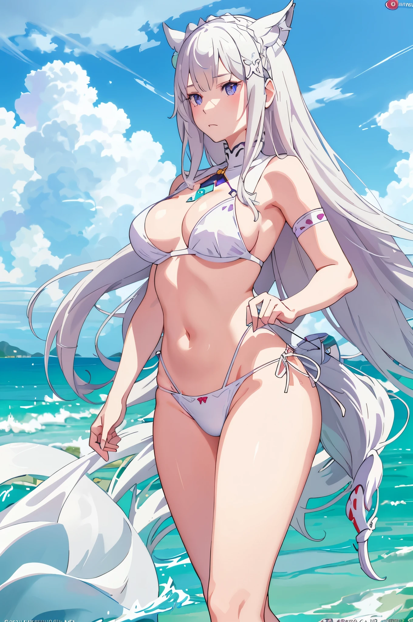 Anime style illustration of woman wearing white bikini in pond, anime goddess, guweiz on pixiv artstation, guweiz on artstation pixiv, Emilia re:zero, purple eyes, Emilia, crown braid, x hair ornament, flower hair ornament, white hair, long hair, medium breasts, Popular topics on artstation pixiv, beautiful attractive anime woman, guweiz, Kushatkrenz Key Artistic Women, Curvy little ，beast ear，fox tails，White underwear visible（The cloth is thin，semi transparent），White panties visible（The cloth is thin，semi transparent），（Visible red nipples）（Moist body）