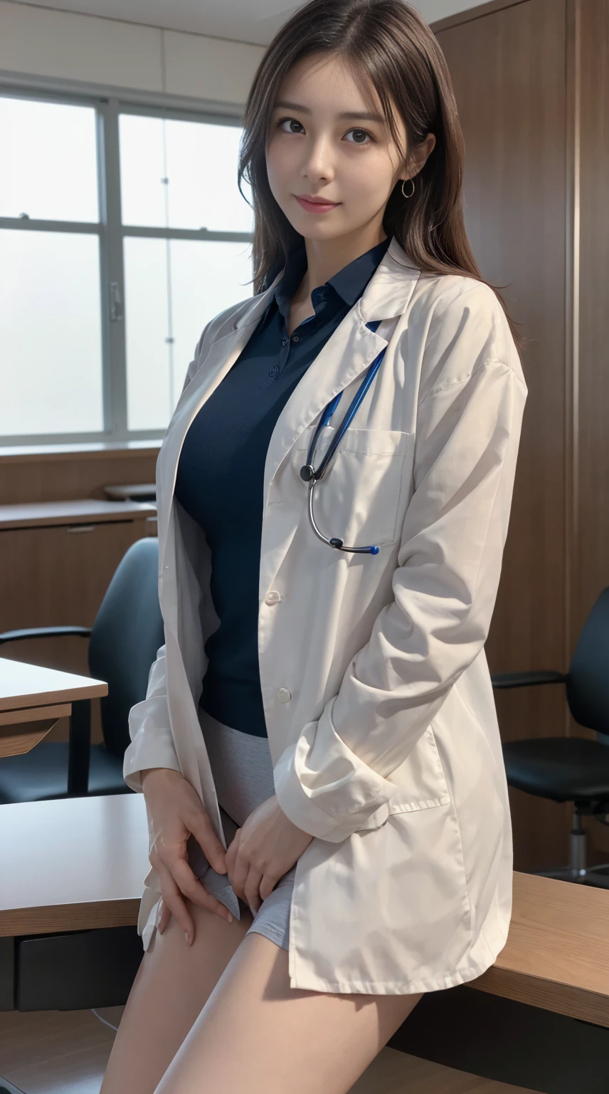 Photorealistic beautiful doctor、amazingly beautiful、doctor'Underwear under a lab coat, collared shirt、(highest quality、8K、32k、masterpiece、nfsw:1.3)、ultra high resolution,(Photoreal:1.4),Raw photo, detailed face,,beautiful hair, ((doctor style)), , black tight skirt、 natural makeup,, big and full breasts、Inside the hospital, detailed background, perfect lighting, Depth of written boundary, beautiful shadow gradation,Stethoscope ,NSFW、Beautiful female doctor、Fall in love、Her underwear is visible、Sit in the examination chair、