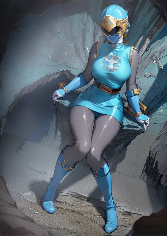 (best quality, masterpiece, RAW photo,ultra-detailed:1.2), 1girl, solo, keep head down, ((Hurricane Blue outfit, belt, gloves, helmet, blue spandex vest, sunglasses, blue boots, blue skirt, gray leggings, white gloves)), large breasts, (((spread legs:1.1))), nsfw, ((move to dark wet cave)),