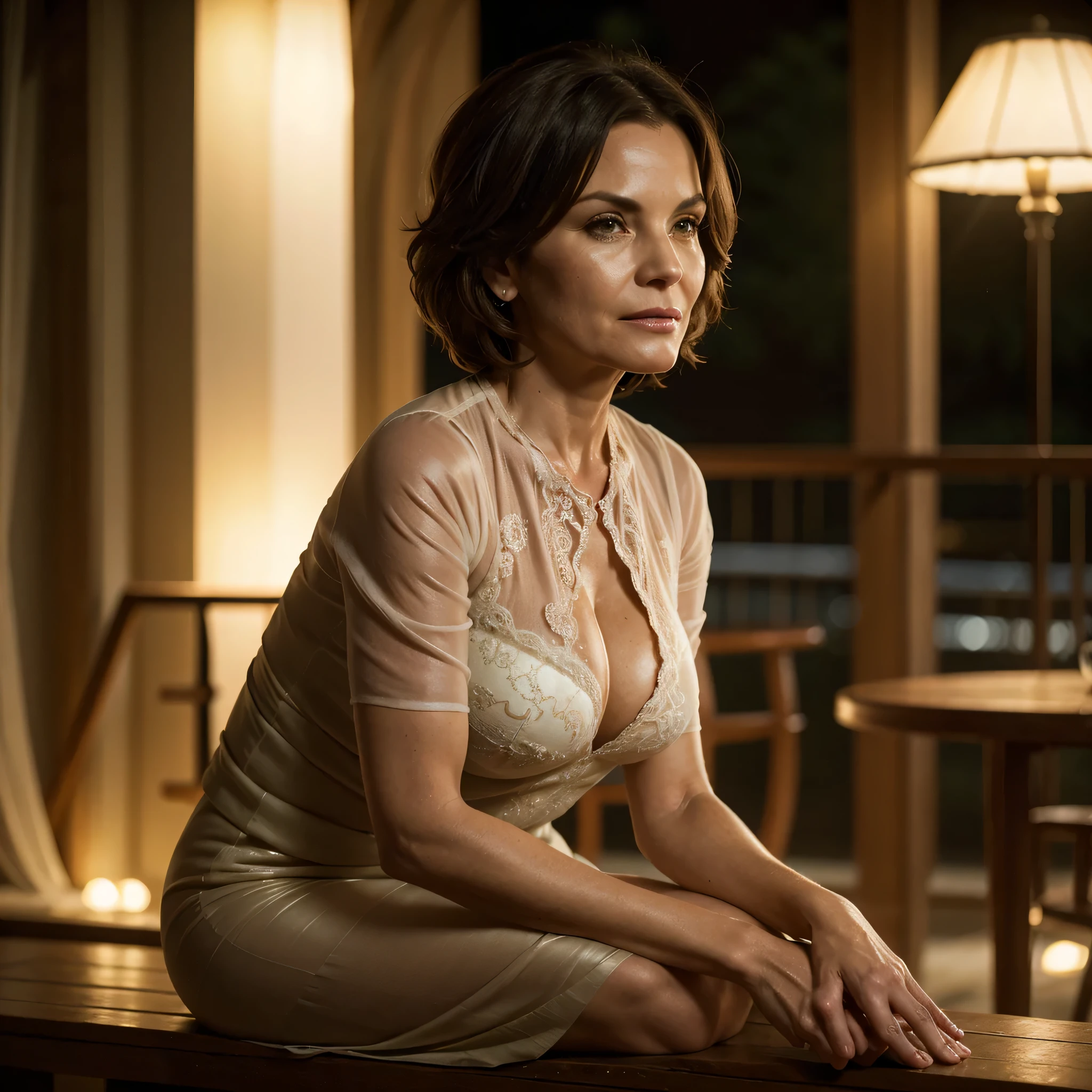 45 years old,(A MILF:1.2), a captivating gaze, green eyes, (A lot of wrinkles on her face:1.4), Old Woman Carla Gugino lookalike, Detailed wrinkles (8K, High resolution, ultra-quality, An ultra-high picture quality, Ultrarealistic, Best Quality:1.2) (large D-cup ??????:1.1), (Old Woman in Colombia), eyes visible through hair, with salt-and-pepper hair bobbed hair, Proper eye position, Cinematic Light, Soft light, lower back, day time, detailed color graded background, Convoluted, highly detailed, 8K, Overall silhouette, elegantly posing in a terrace by night, Looking straight at the camera