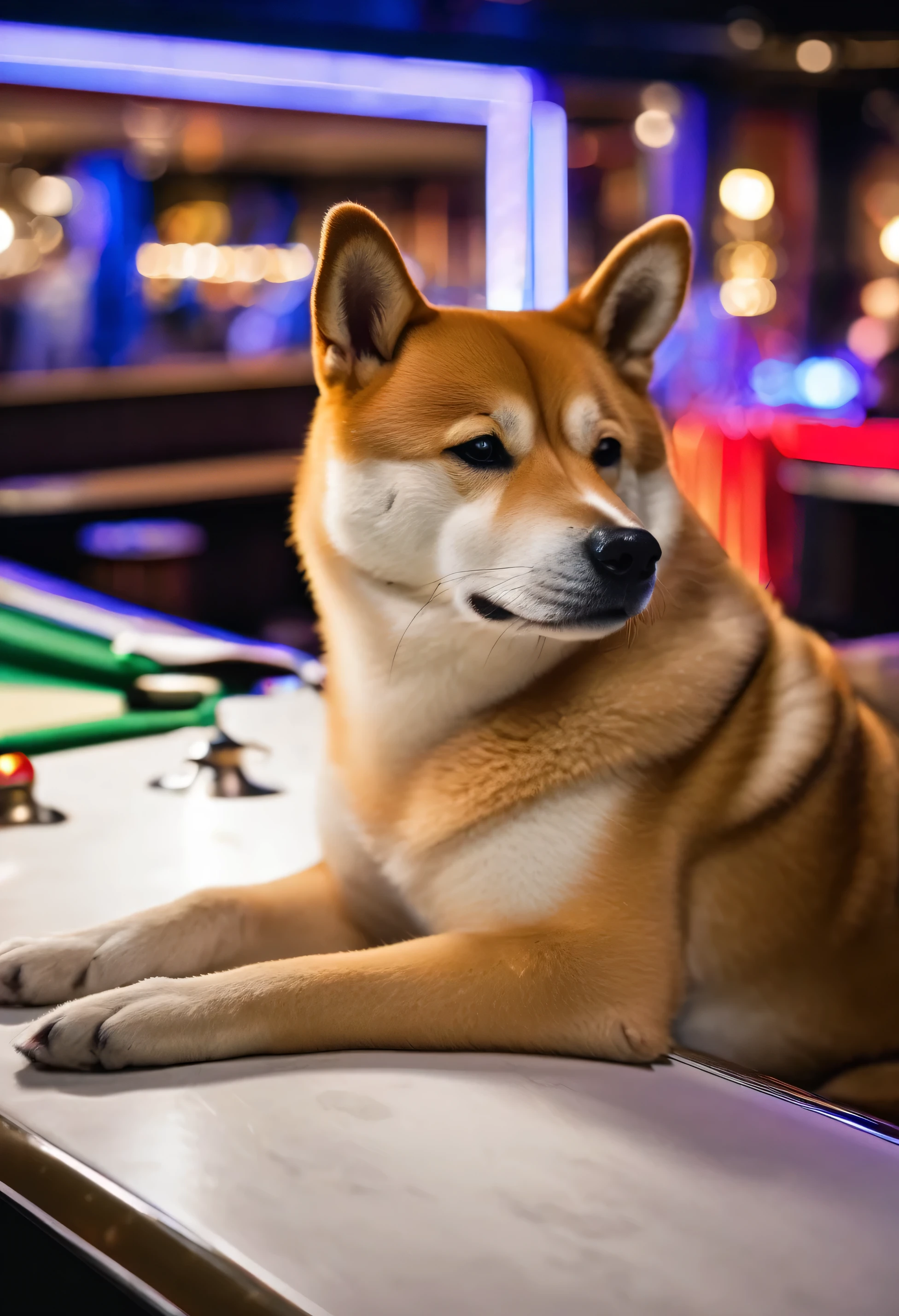 An ultra detailed photo of shiba inu in a club, ultra sharp focus, award winning photo, perfect contrast, high sharpness, ultra detailed photography