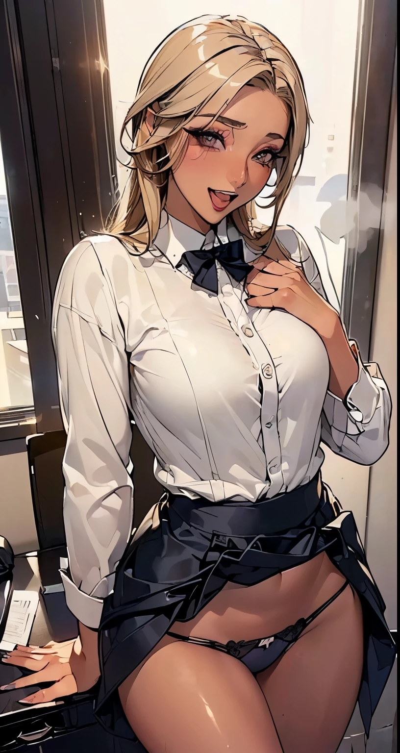 (Taking off office suit:1.65),(Open mouth smiling orgasm expression:1.4),(dark skin:1.95),(Sexy 21 year old blonde gal:1.35),(makeup:1.26),(Red false eyelashes),beautiful breasts、(looking at the viewer:1.5),(Blonde Undercut Hairstyles),(Lewd pale frilly panties),white mini skirt、