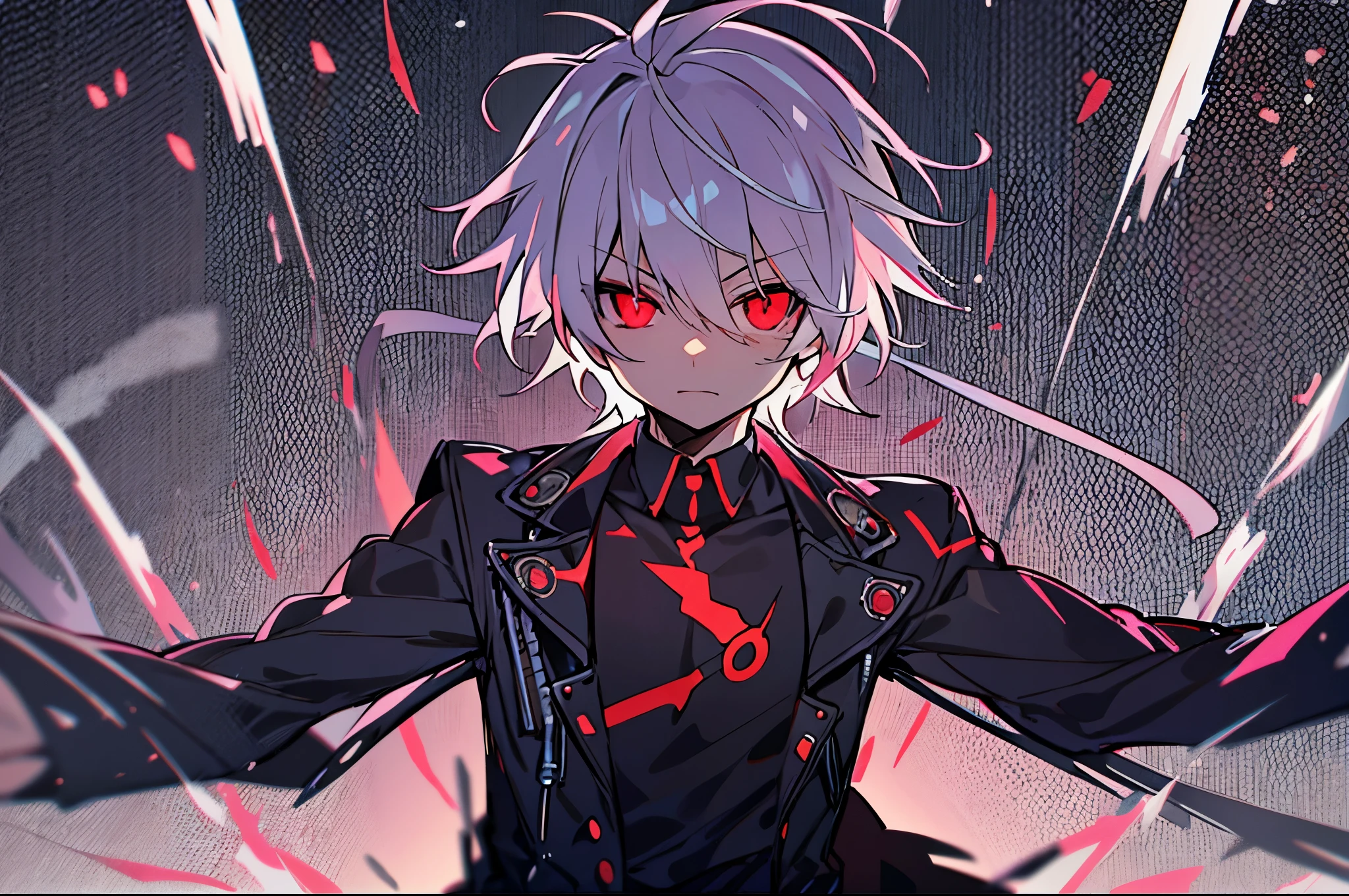 High resolution,close distance、Anime boy with white hair and red eyes staring at the camera, glowing red eyes,slim, dressed in black clothes,Shadow Body,colorful background,hair is dirty,yameroyandere, diagonal angle、Crazy face