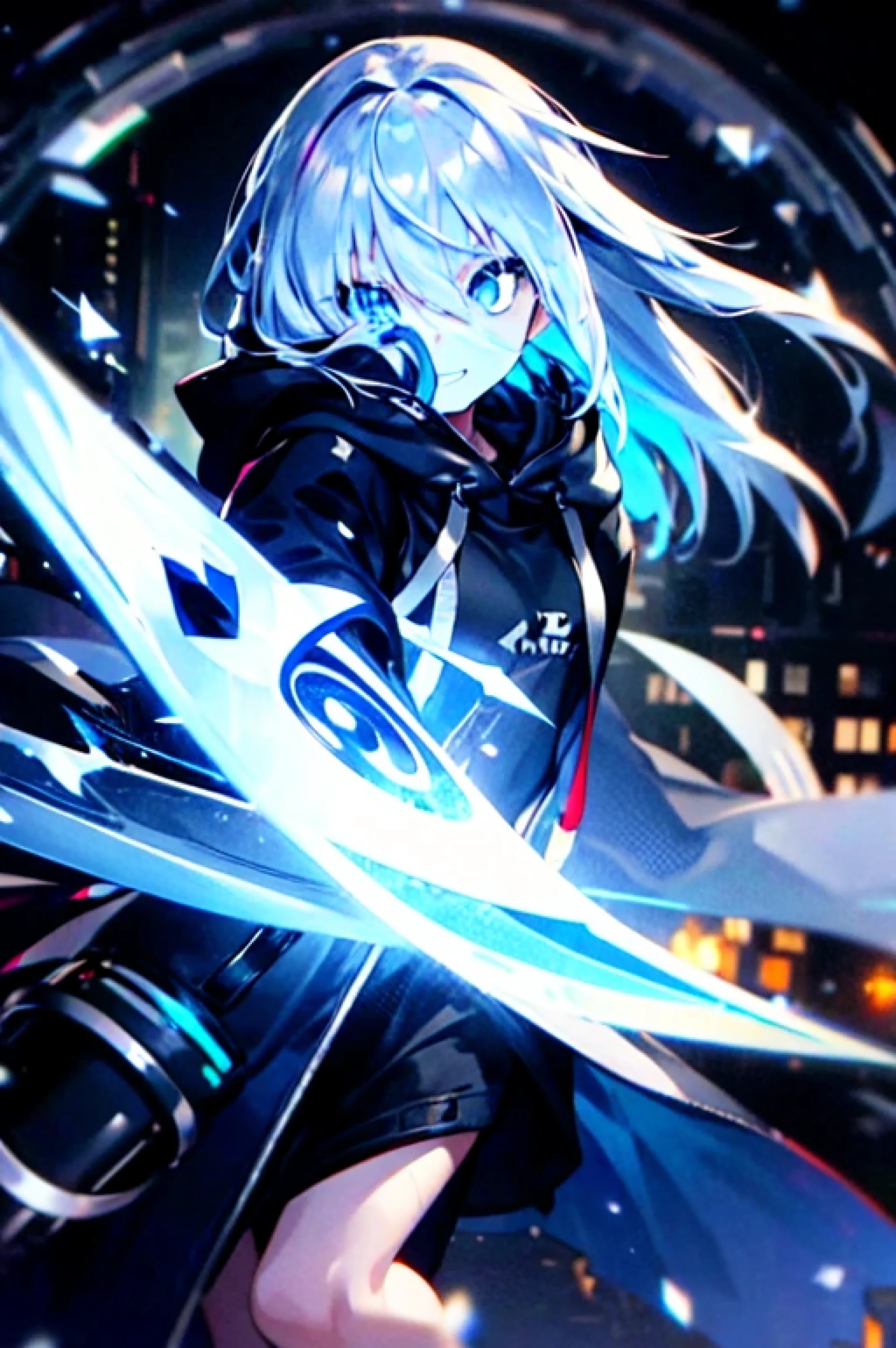 (best image quality), 1 girl, hoodie, hood, 2 2D, anime, night, city, masterpiece, headphone, light blue eye, silver hair, beautiful eye, rich expressive power, big smile, close ~ eye, have a sword