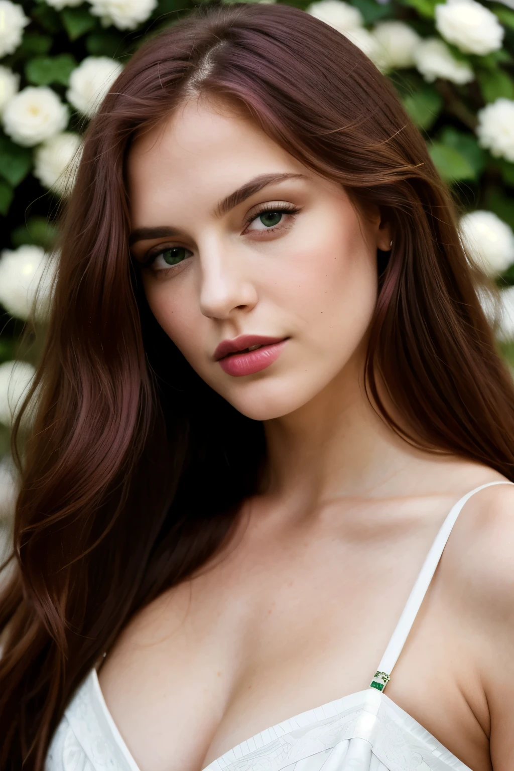 photograph of a woman, 25 years. very beautiful . long hair. red-violet hair. green eyes. with plump sensual lips. American woman. face looking straight into the camera. full face, sharp focus on the subject. ultra-textured leather, goosebumps, Perfect eyes, Holder for 160 flowers, filmed on ARRI ALEXA 65, Boke